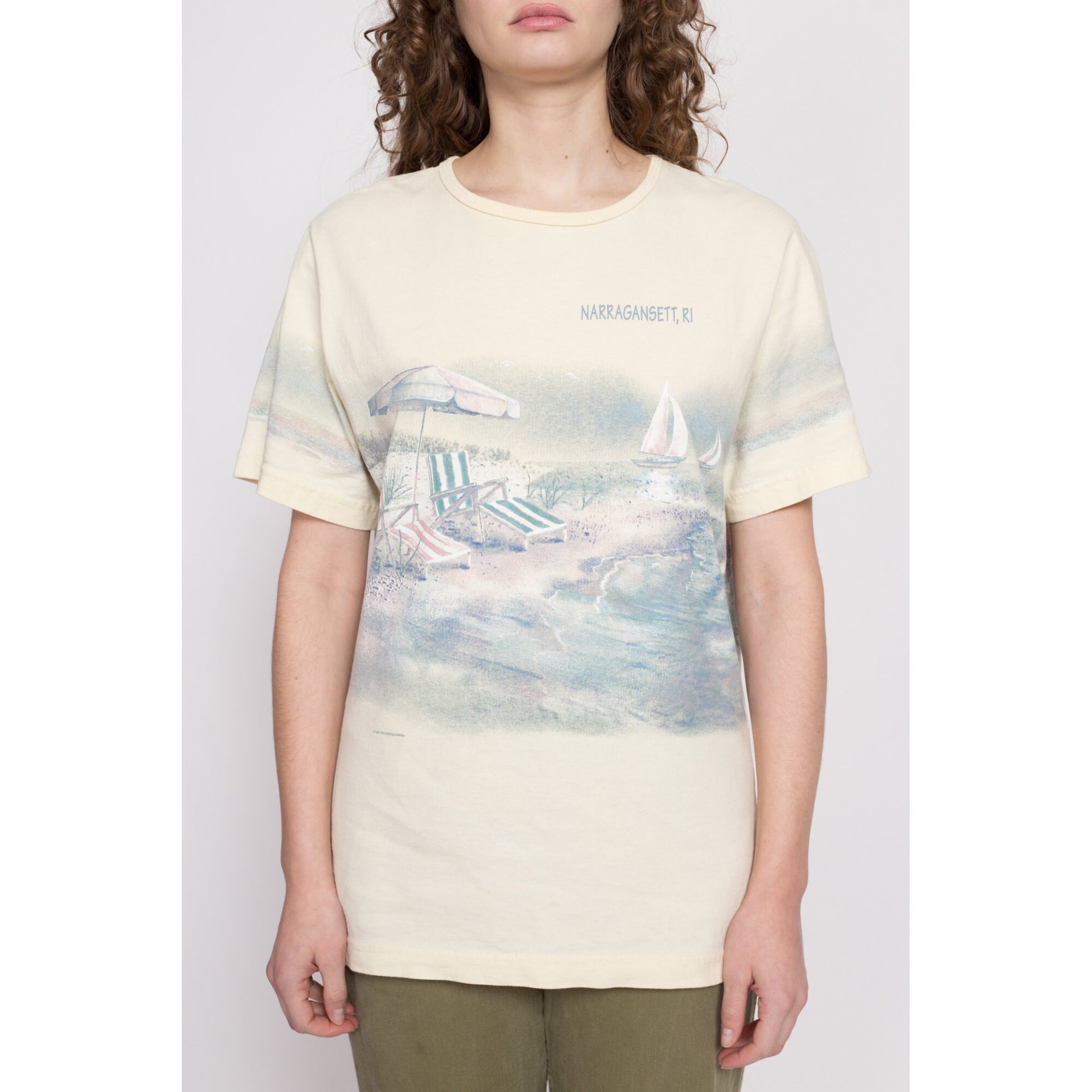 90s Rhode Island Narragansett Beach Scene T Shirt - Men's Medium, Women's Large | Vintage Yellow Wrap Around Graphic Tourist Tee