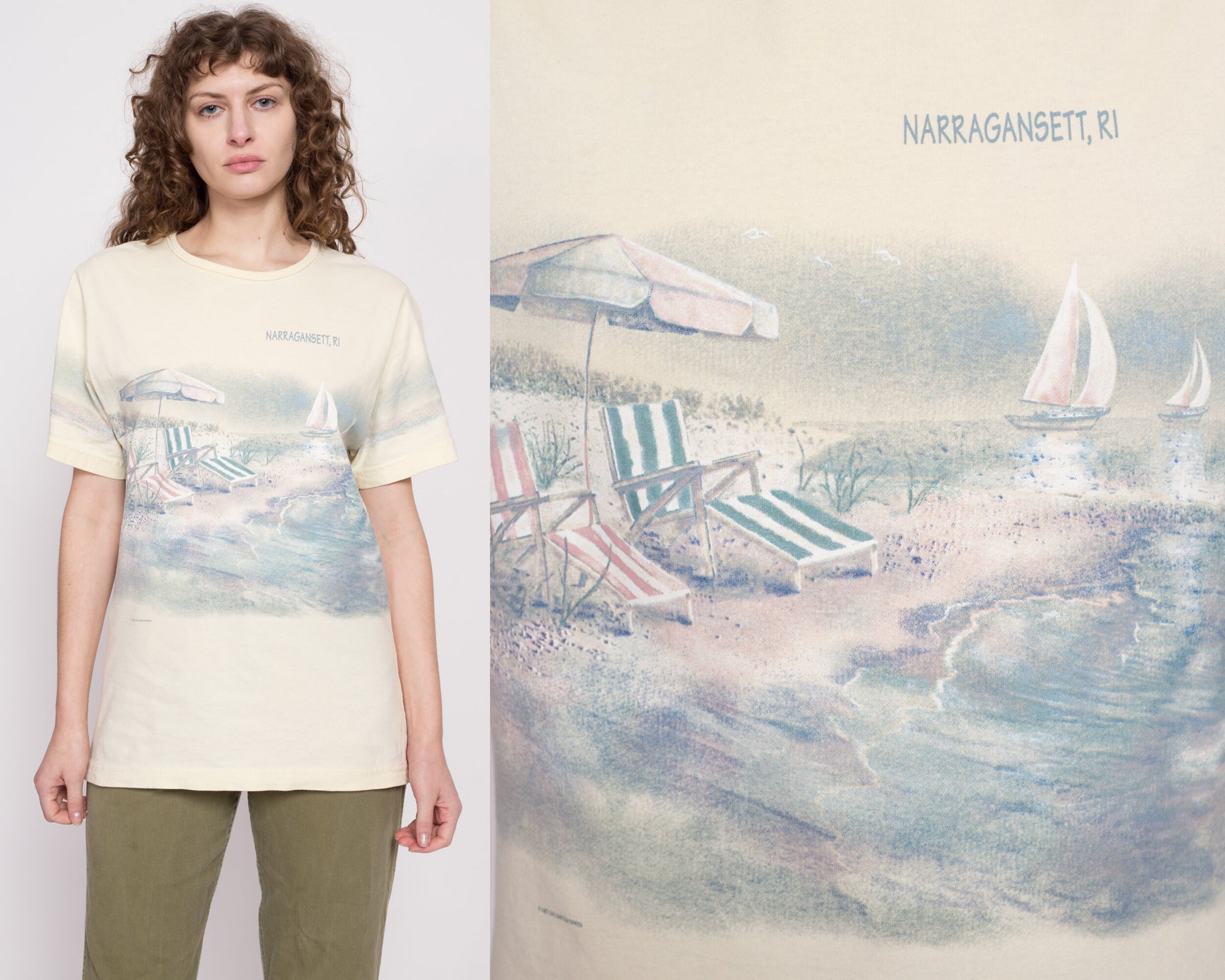 90s Rhode Island Narragansett Beach Scene T Shirt - Men's Medium, Women's Large | Vintage Yellow Wrap Around Graphic Tourist Tee