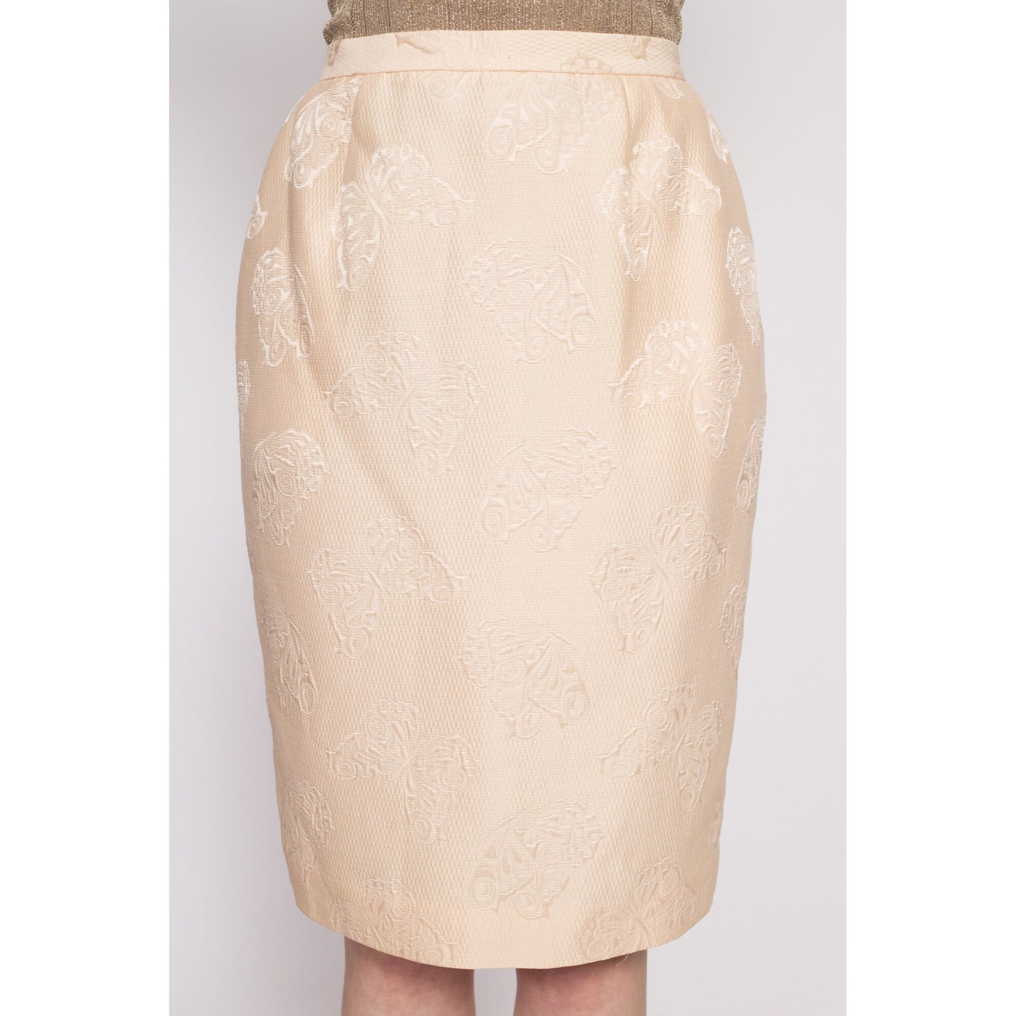 80s Christian Dior Butterfly Brocade Midi Skirt - Small to Medium, 27" | Vintage Boho Champagne High Waisted Designer Pencil Skirt