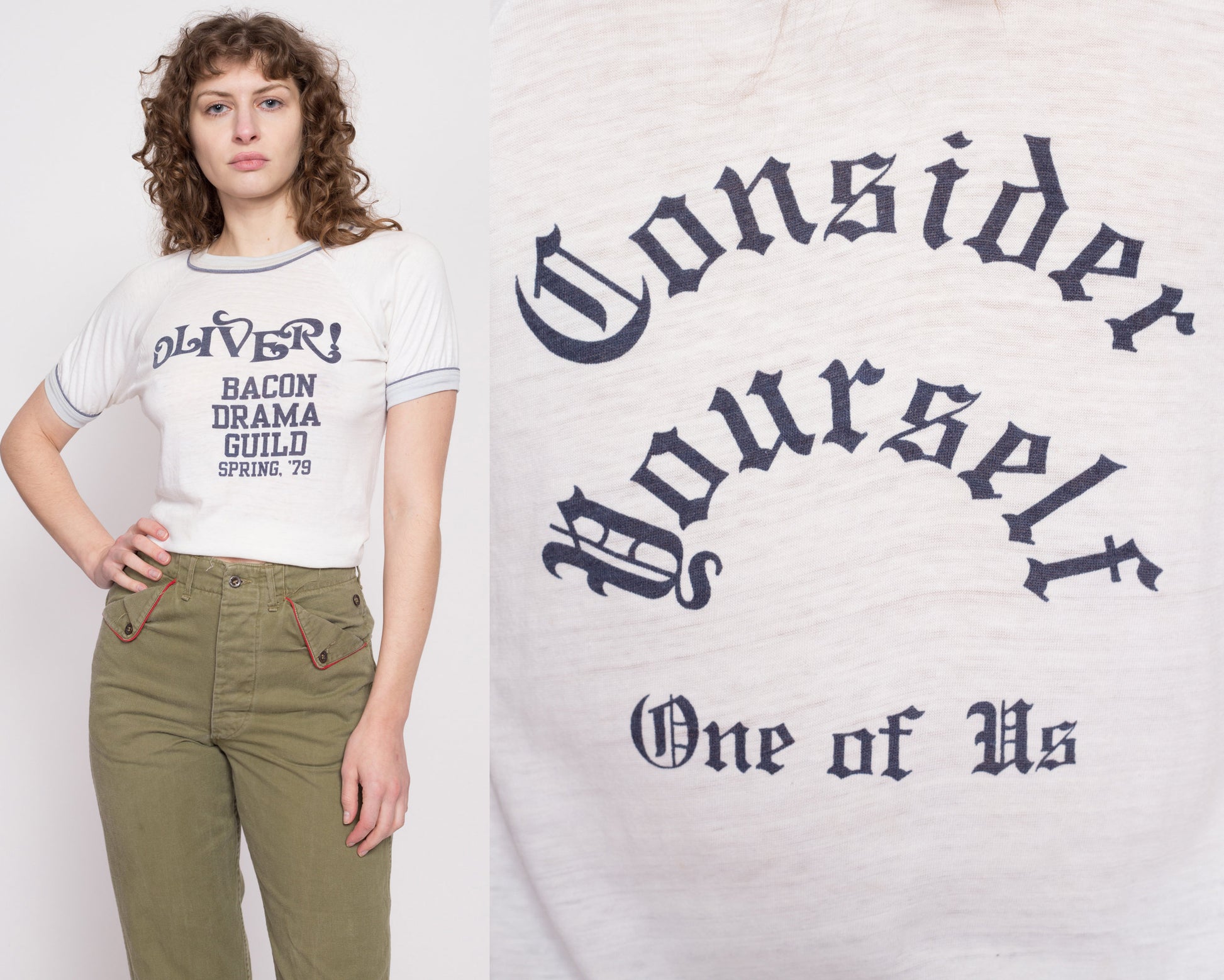 70s Oliver! "Consider Yourself One Of Us" T Shirt - Unisex Small | Vintage Drama Guild Broadway Musical Theater Graphic Ringer Tee