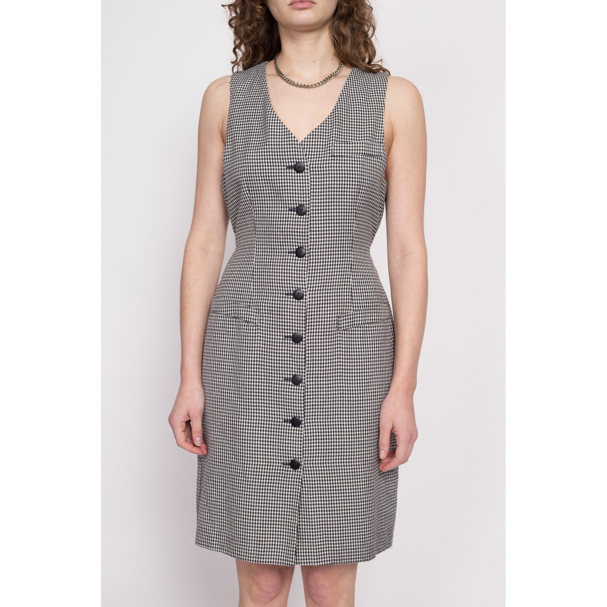 80s Black & White Gingham Button Up Dress - Medium | Vintage Herman Geist Sleeveless V Neck Mini Suit Dress