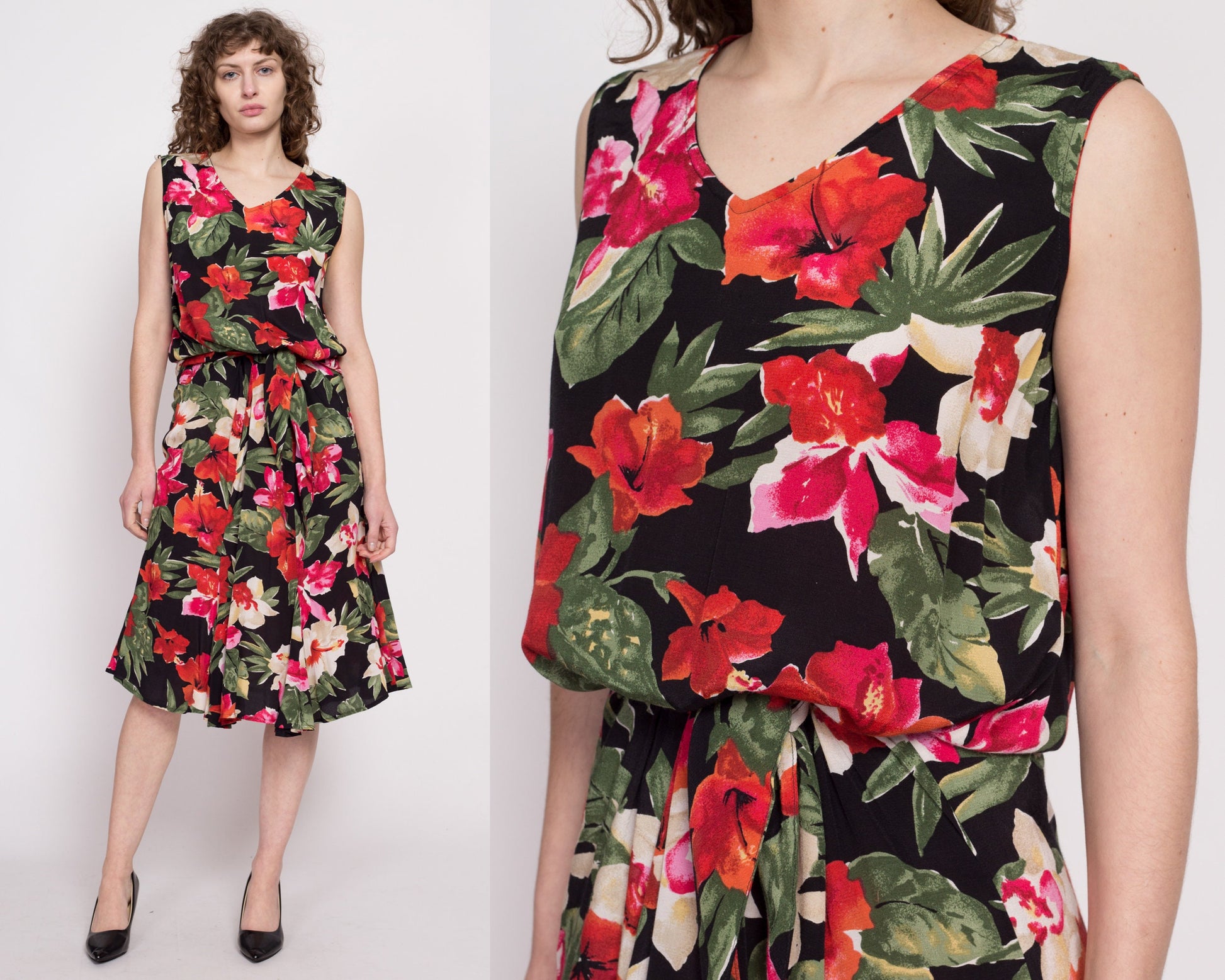 80s Hibiscus Print Blouson Midi Dress - Large | Vintage Boho Floral Sleeveless Black Red Fitted Waist Dress