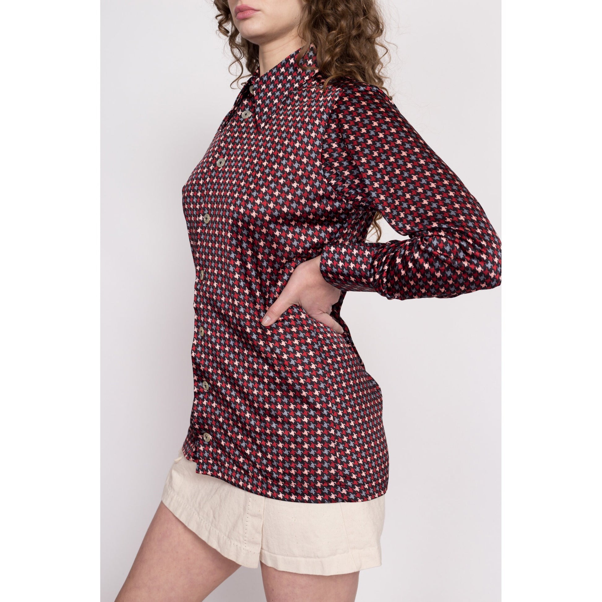 70s Givenchy For Chesa Satin Houndstooth Shirt - Men's Medium | Vintage Long Sleeve Collared Button Up Designer Shirt