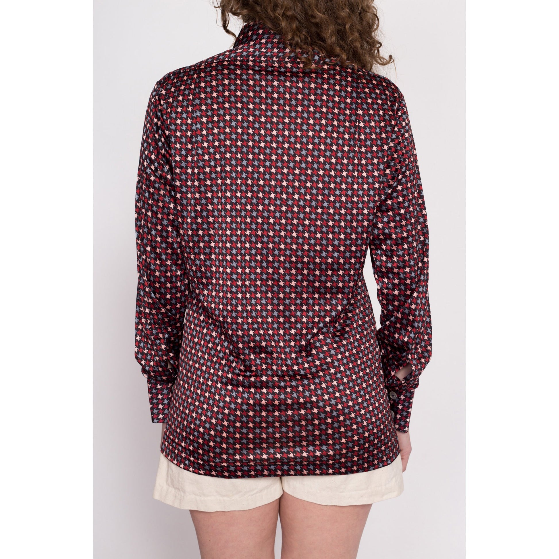 70s Givenchy For Chesa Satin Houndstooth Shirt - Men's Medium | Vintage Long Sleeve Collared Button Up Designer Shirt