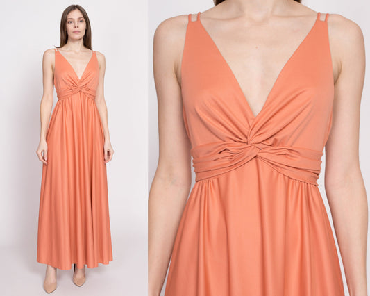 70s Grecian Peach Maxi Gown - Small | Vintage Low Back V Neck Spaghetti Strap Disco Party Dress