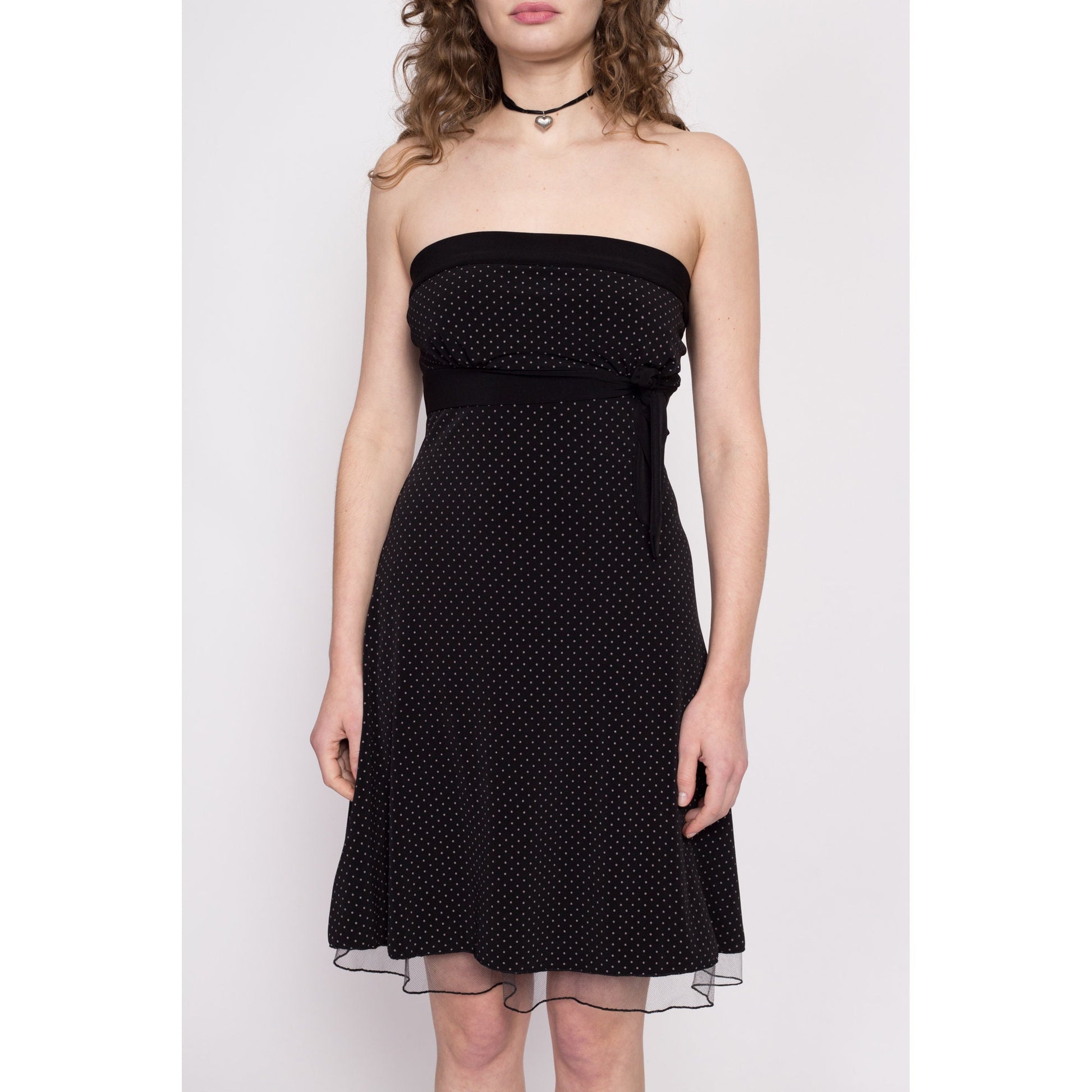 90s Y2K Black Polka Dot Strapless Party Dress - Medium | Vintage Fit & Flare Empire Waist Mesh Trim Formal Dress
