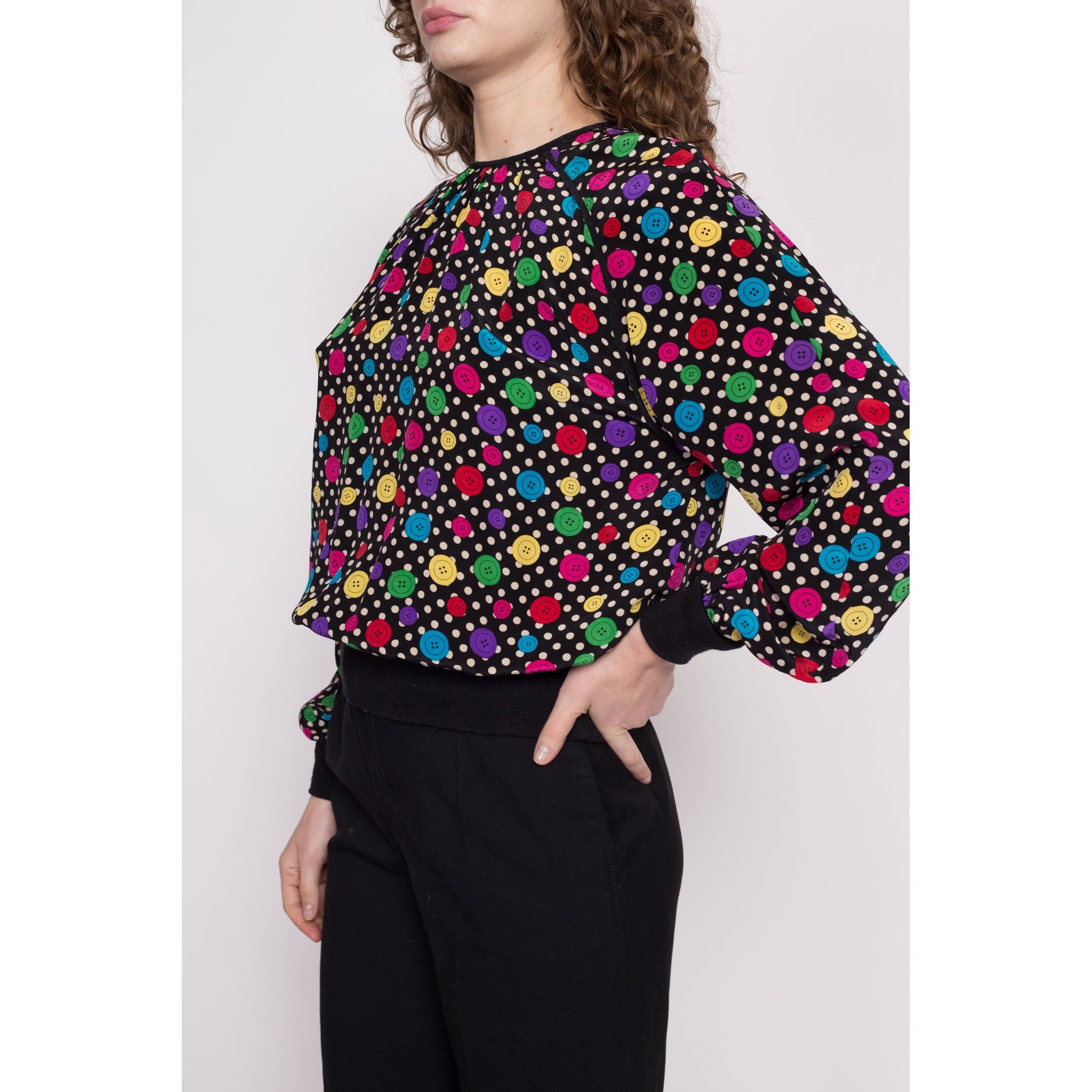 80s Button Print Silk Blouse - Medium | Vintage Oversize Rainbow Polka Dot Pleated Novelty Top