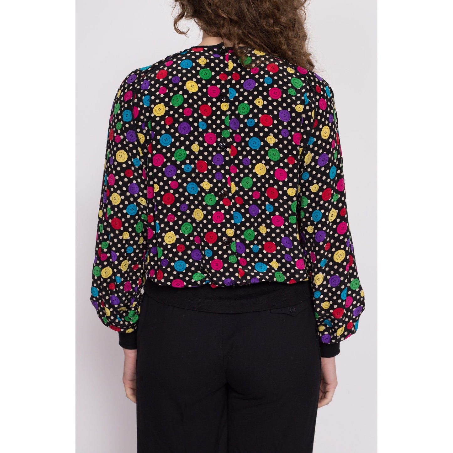80s Button Print Silk Blouse - Medium | Vintage Oversize Rainbow Polka Dot Pleated Novelty Top