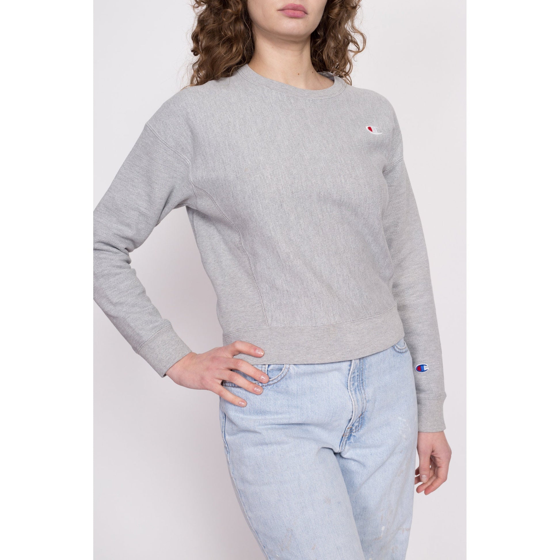 Champion Heather Grey Cropped Sweatshirt - Extra Small | Reverse Weave Crew Neck Plain Streetwear Pullover