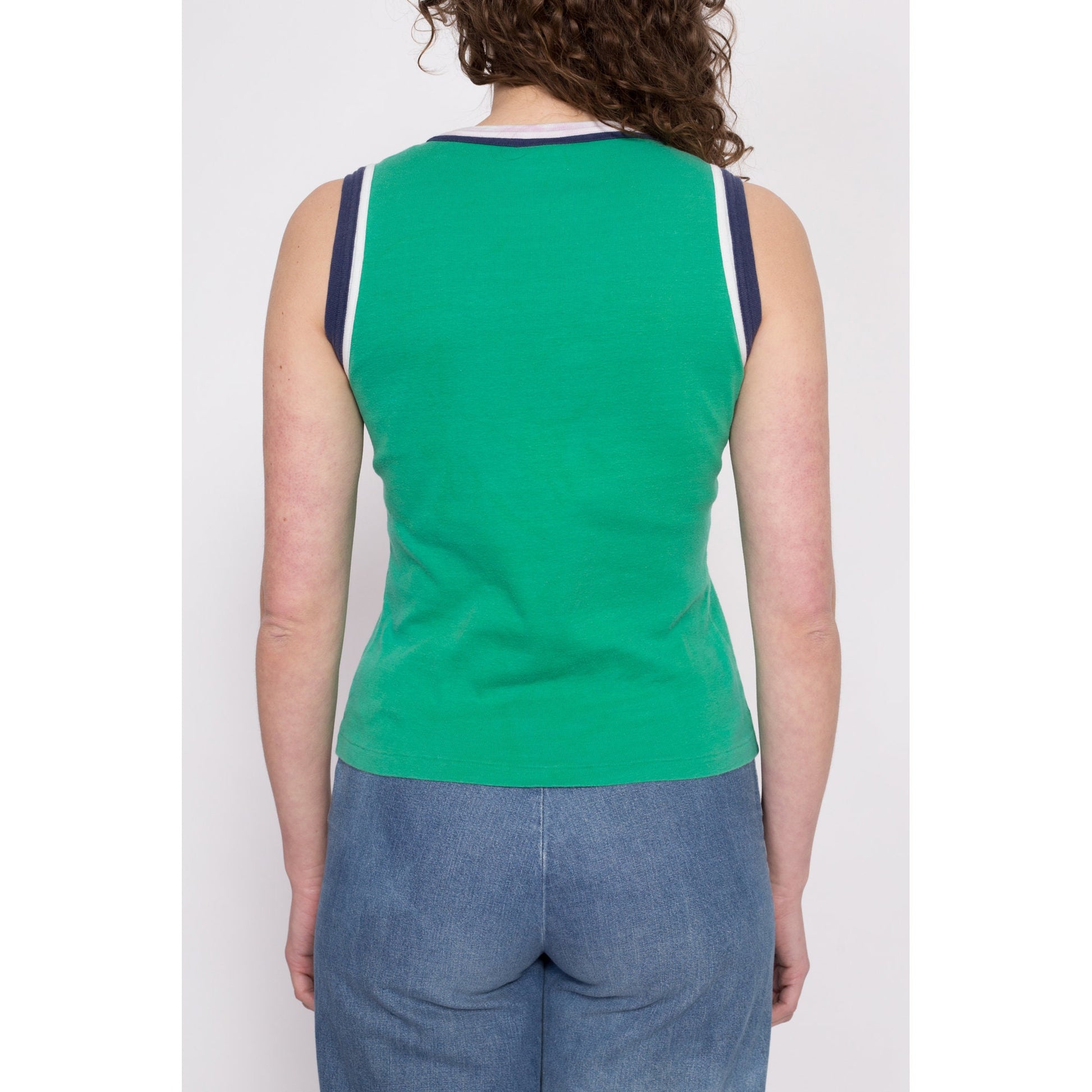 70s Green Ringer Tank - Medium | Vintage Striped Sleeveless Shirt