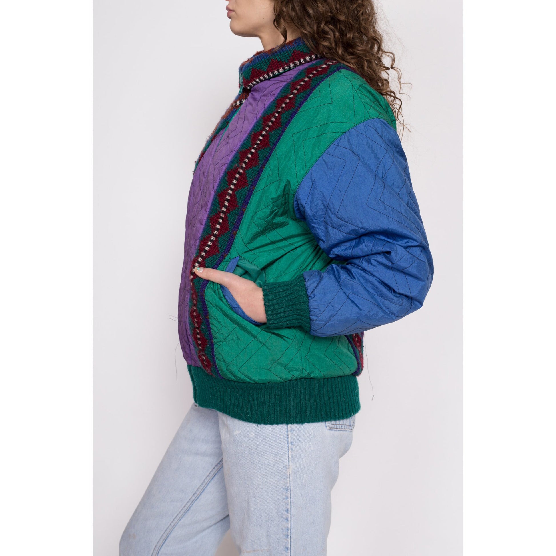 80s Color Block & Geometric Knit Reversible Jacket - Large | Vintage Colorful Streetwear Windbreaker Bomber Coat