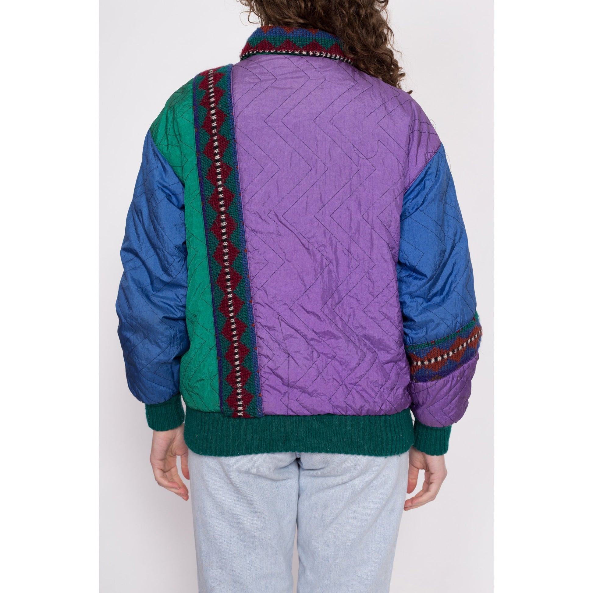 80s Color Block & Geometric Knit Reversible Jacket - Large | Vintage Colorful Streetwear Windbreaker Bomber Coat