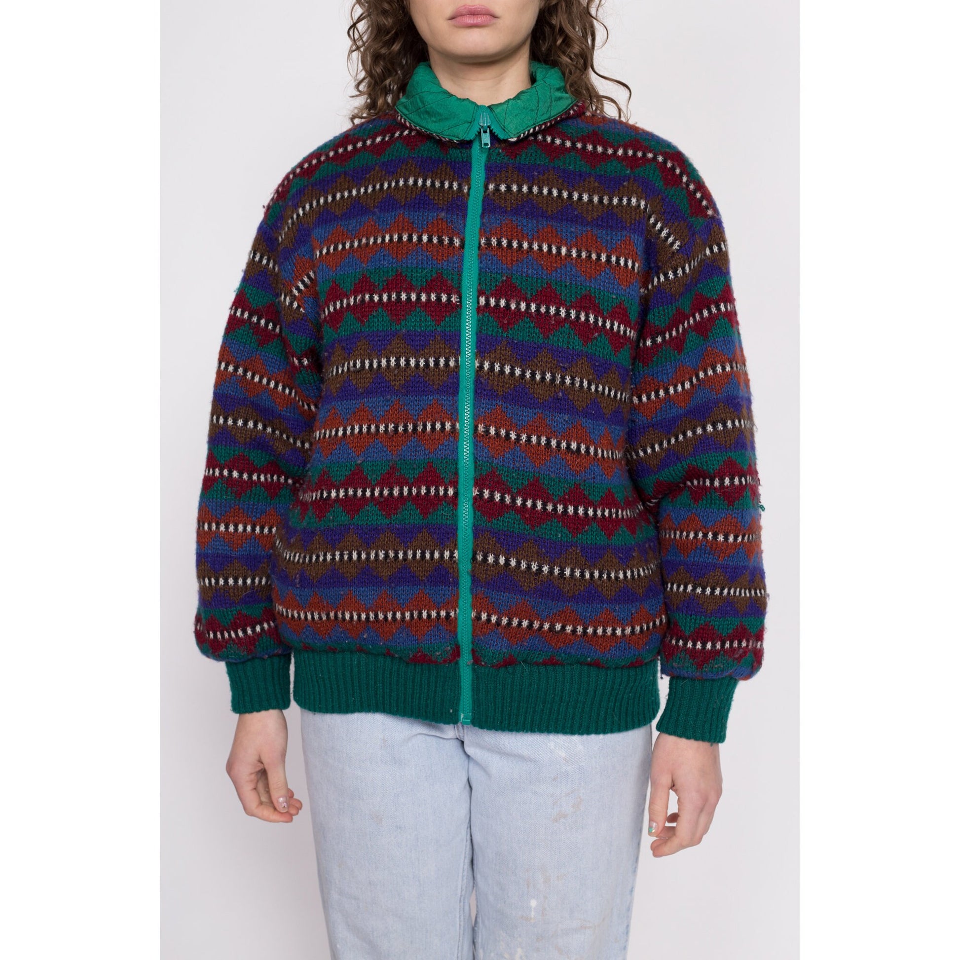 80s Color Block & Geometric Knit Reversible Jacket - Large | Vintage Colorful Streetwear Windbreaker Bomber Coat