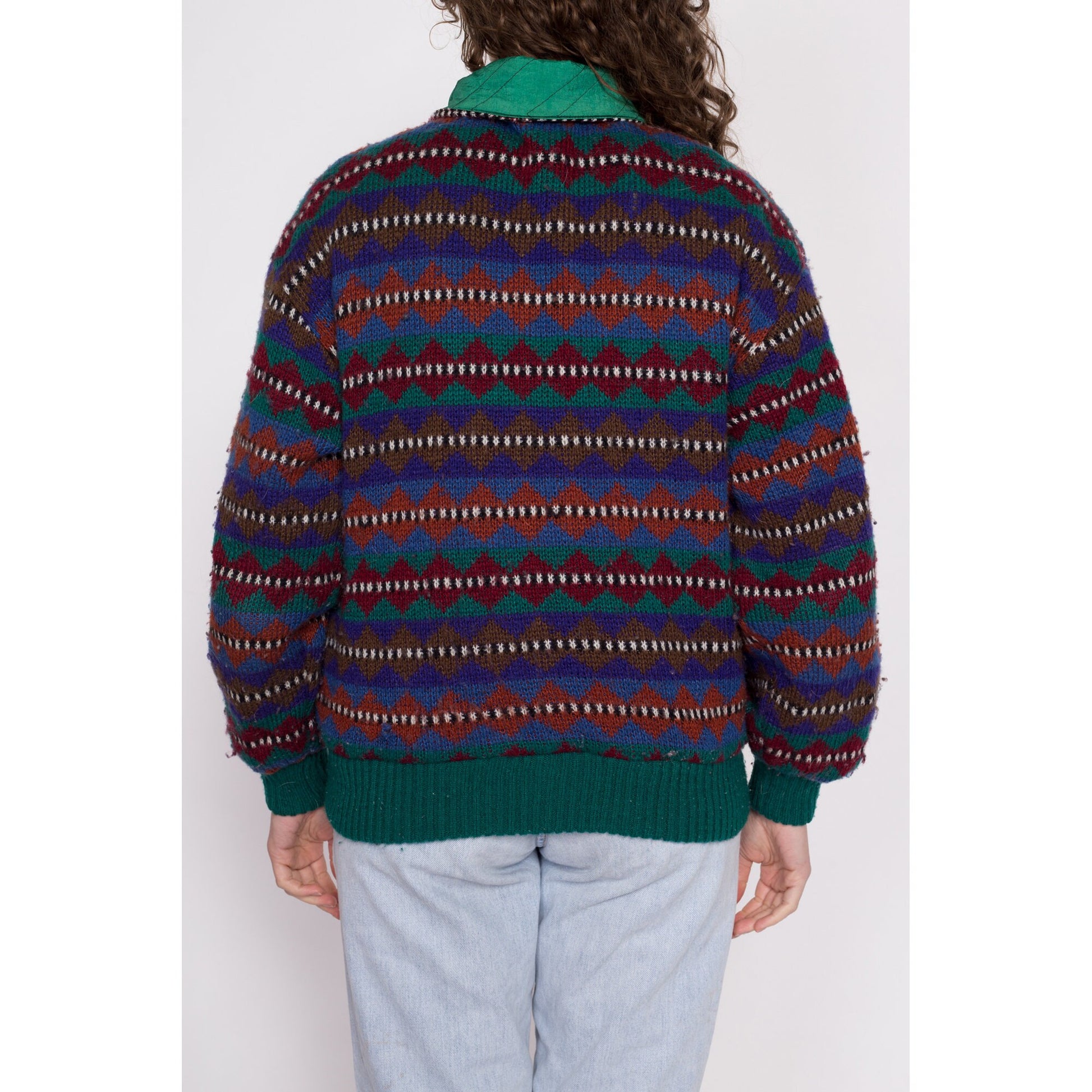 80s Color Block & Geometric Knit Reversible Jacket - Large | Vintage Colorful Streetwear Windbreaker Bomber Coat