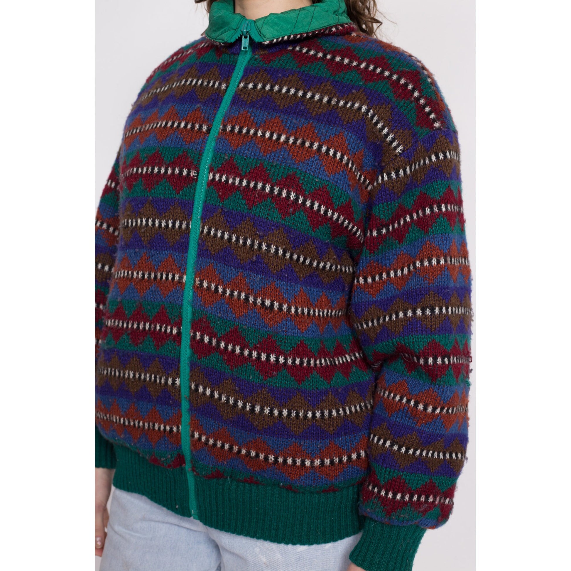 80s Color Block & Geometric Knit Reversible Jacket - Large | Vintage Colorful Streetwear Windbreaker Bomber Coat