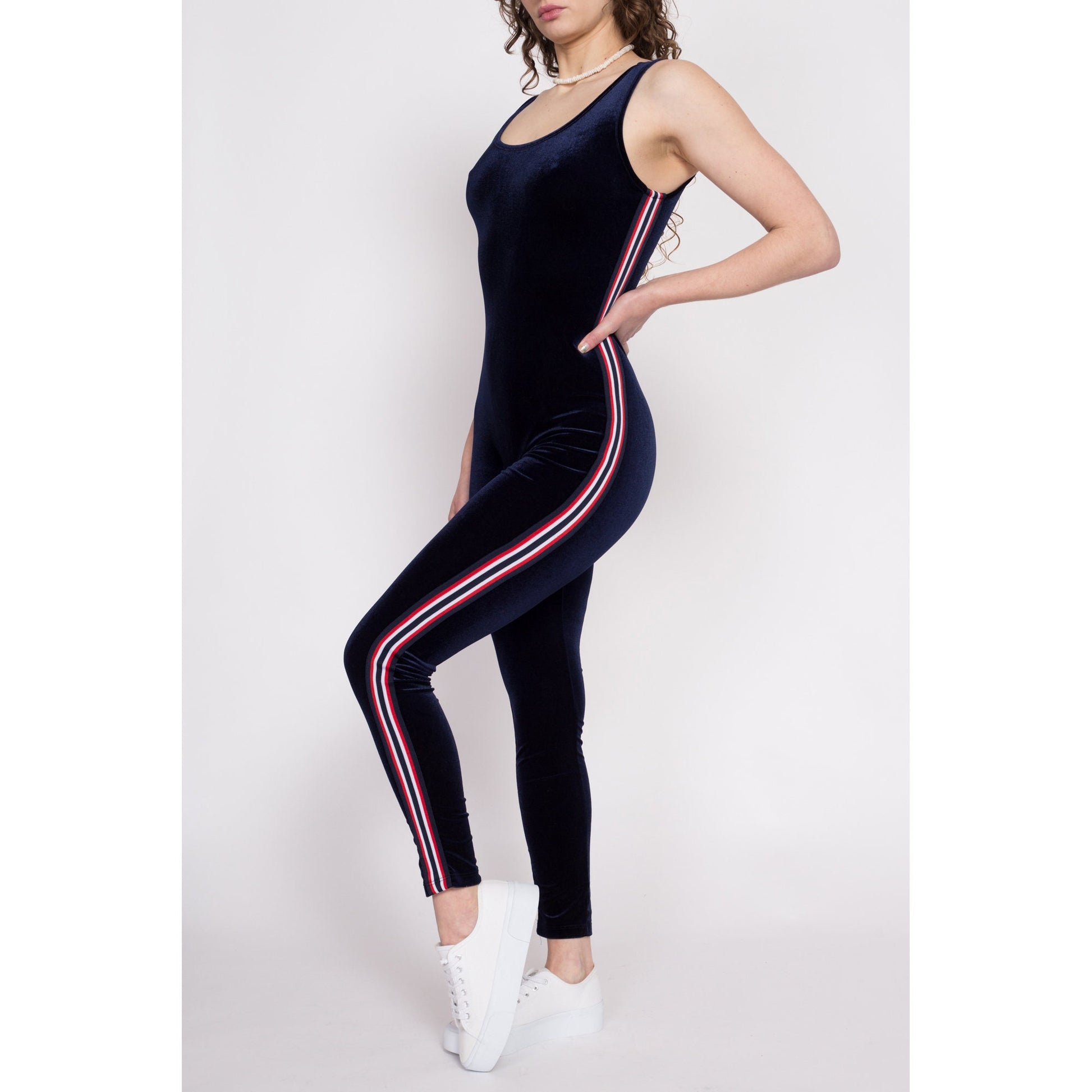 90s Low Back Navy Blue Velvet Unitard Catsuit - Small to Medium | Vintage Striped Sleeveless Sporty Fitted Jumpsuit