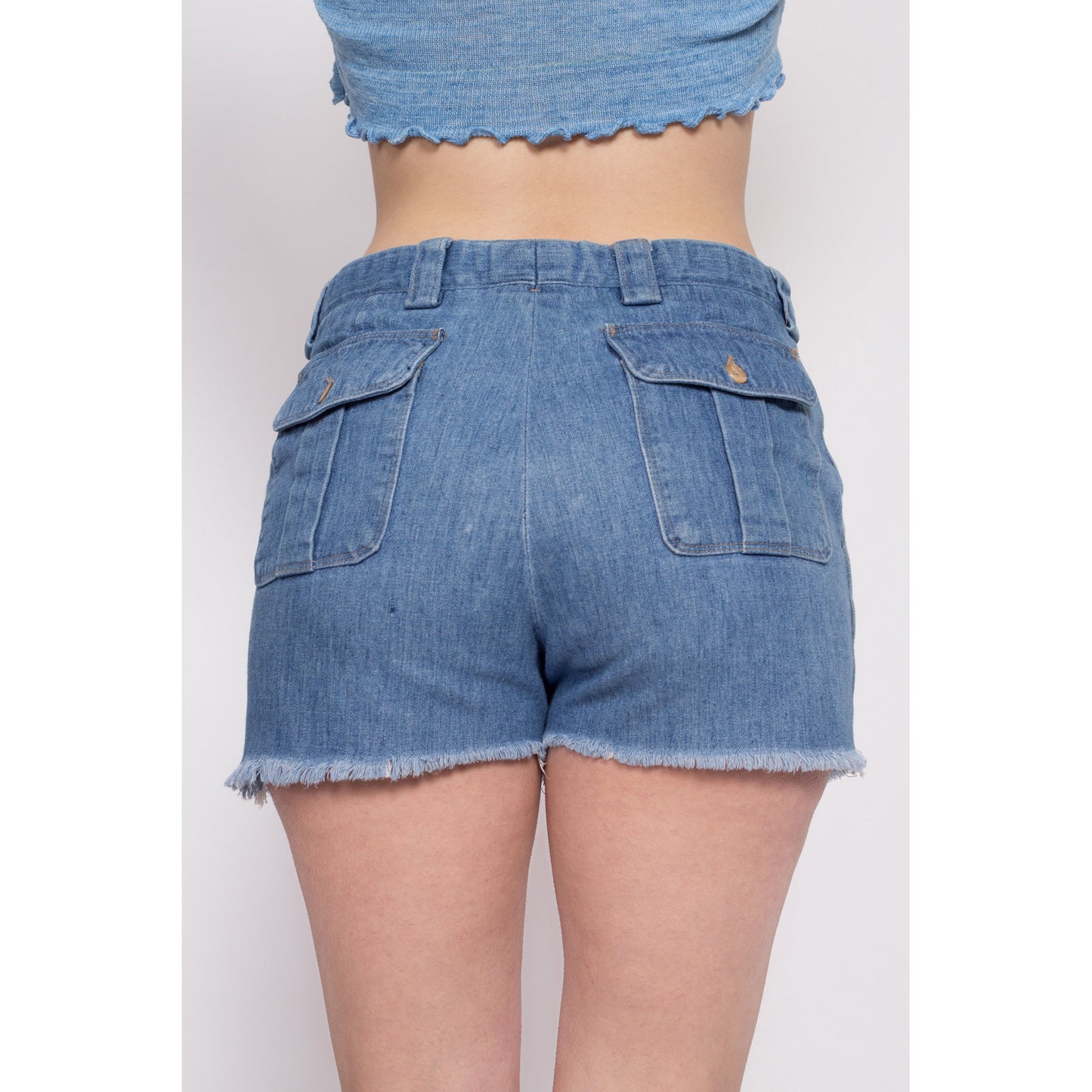 70s Denim Cargo Cut Offs - 31" Waist | Vintage Unisex Medium Wash High Waisted Jean Shorts