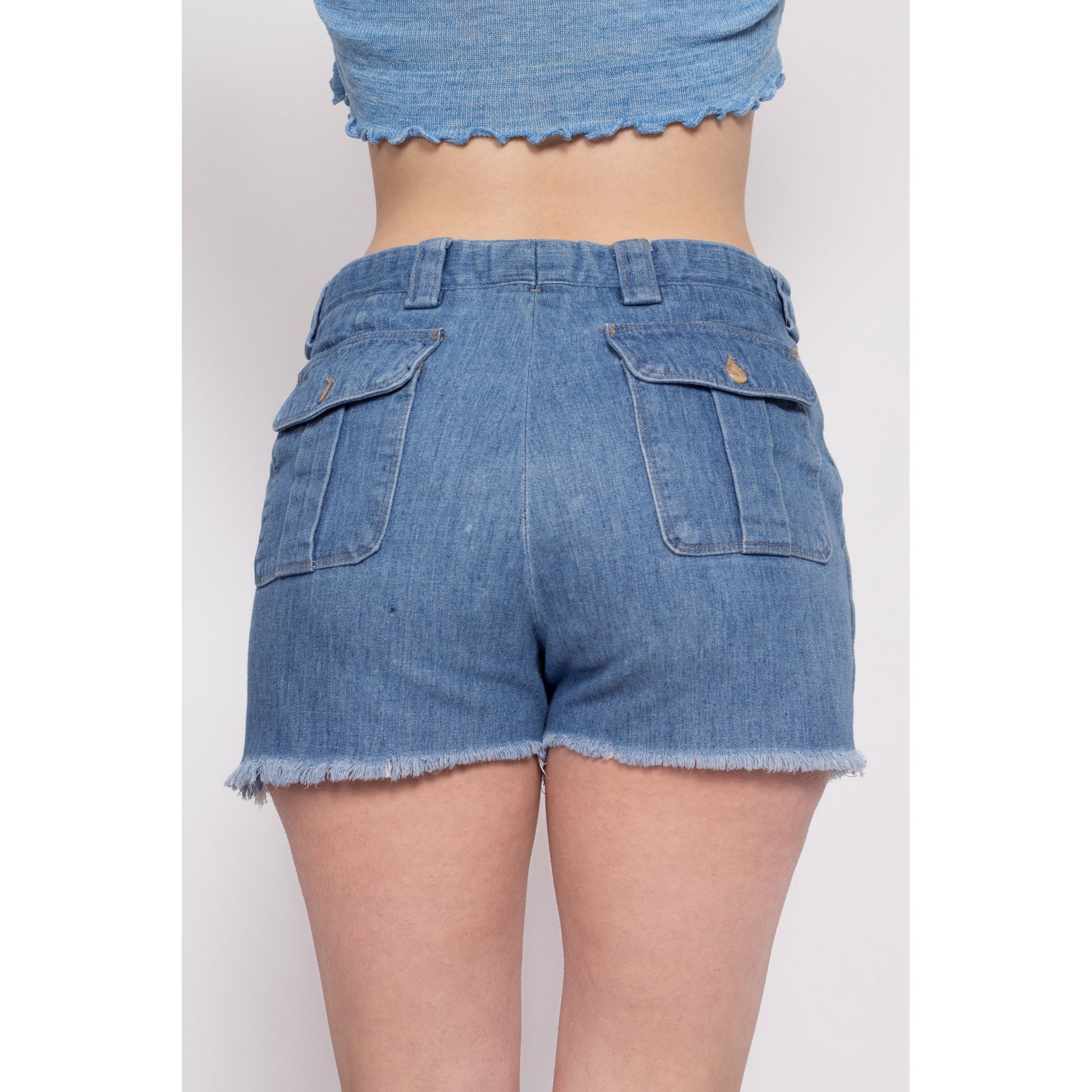 70s Denim Cargo Cut Offs - 31" Waist | Vintage Unisex Medium Wash High Waisted Jean Shorts