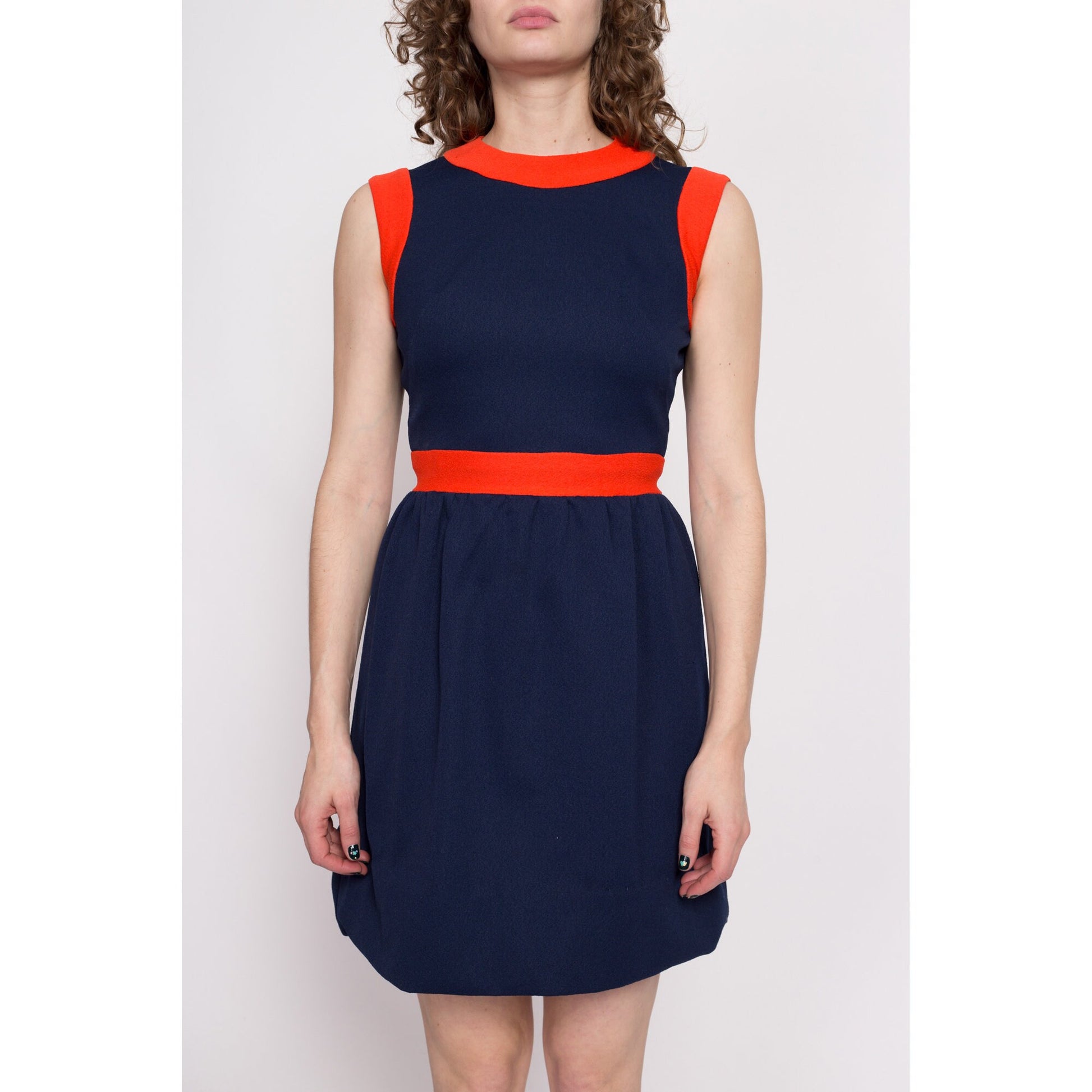 60s 70s Mod Navy Blue Color Block Mini Dress - Small | Vintage A Line Fit Flare Retro Sleeveless Dress