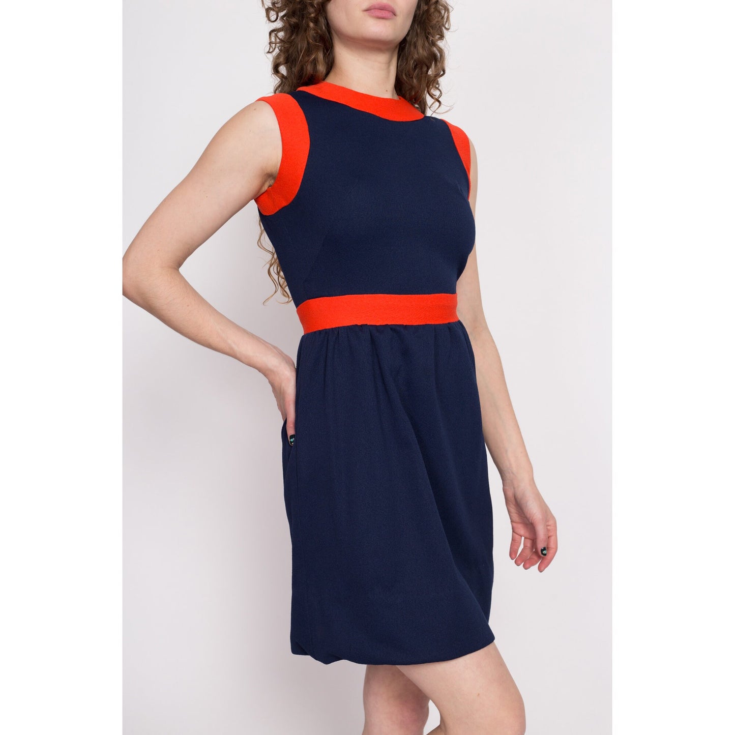 60s 70s Mod Navy Blue Color Block Mini Dress - Small | Vintage A Line Fit Flare Retro Sleeveless Dress
