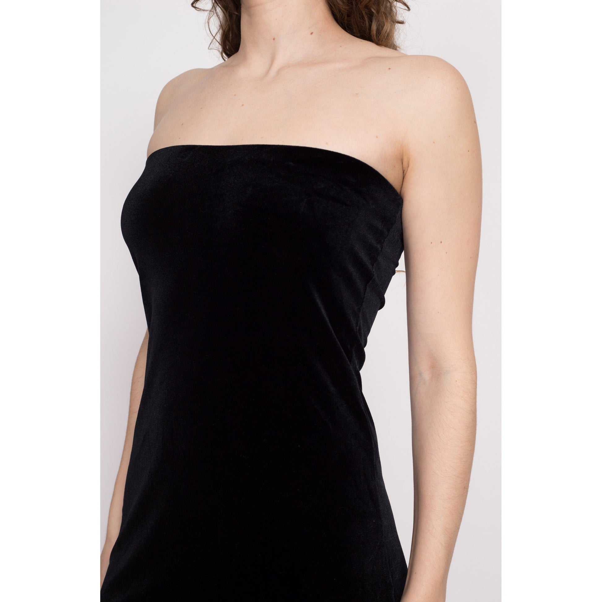 90s Strapless Black Velvet High Low Hem Dress - Medium | Vintage Cocktail Party Asymmetrical Little Black Dress
