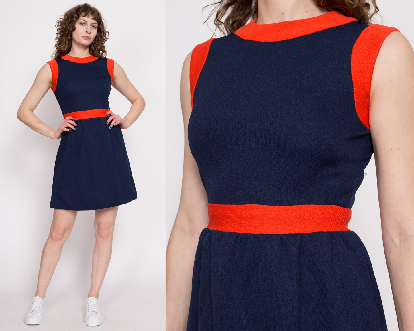 60s 70s Mod Navy Blue Color Block Mini Dress - Small | Vintage A Line Fit Flare Retro Sleeveless Dress