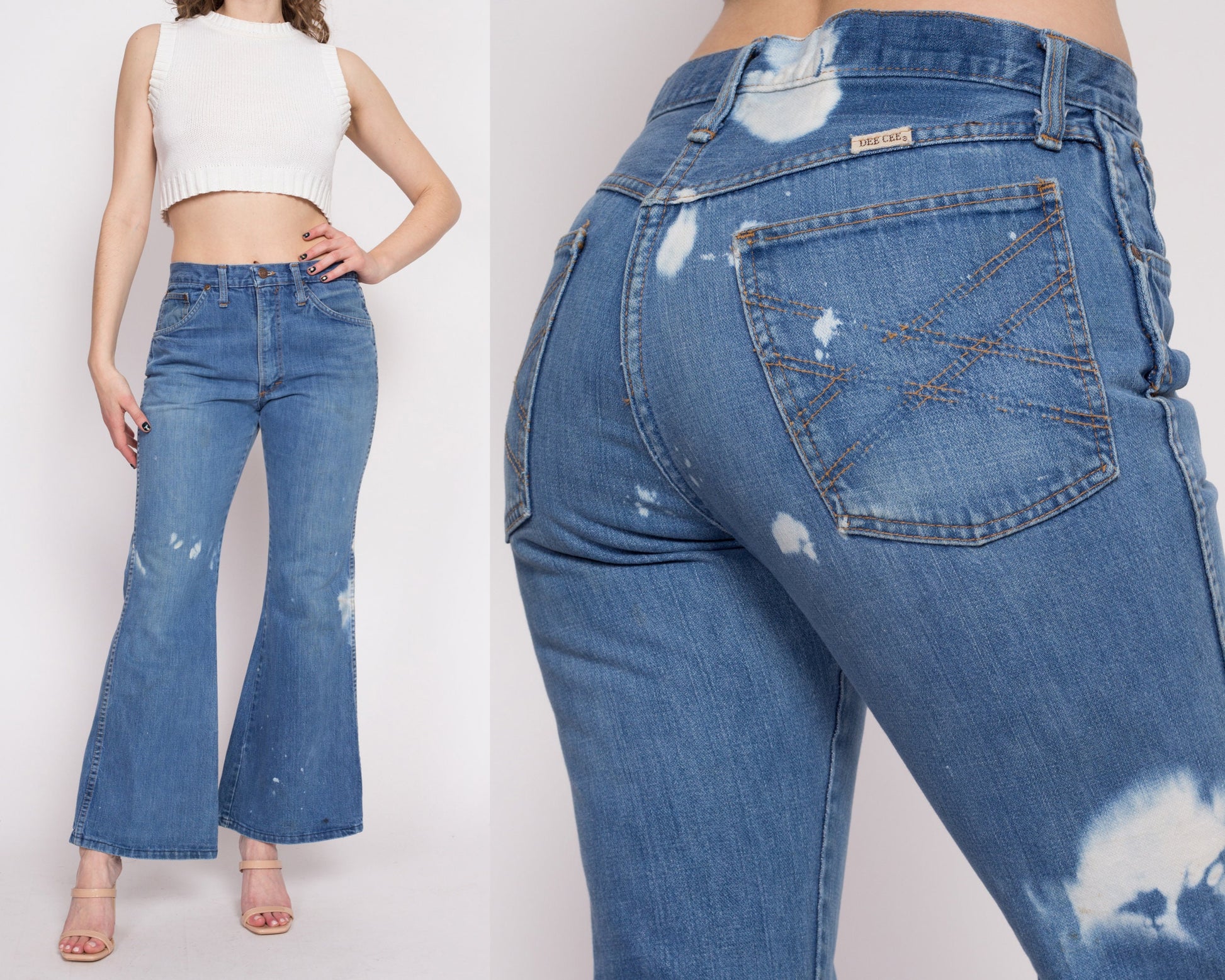 70s Dee Cee Bleached Bell Bottoms - Women's Medium, Men's Small, 30" | Vintage Unisex Denim Flared Leg Jeans