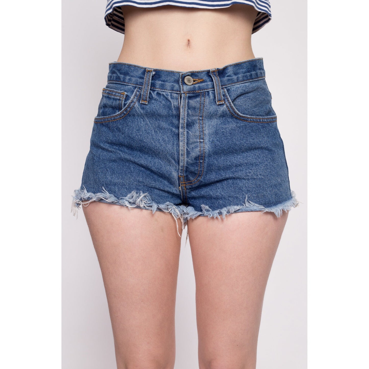 Retro Cut Off Cheeky Jean Shorts - Small | High Waisted Dark Wash Denim Cutoffs
