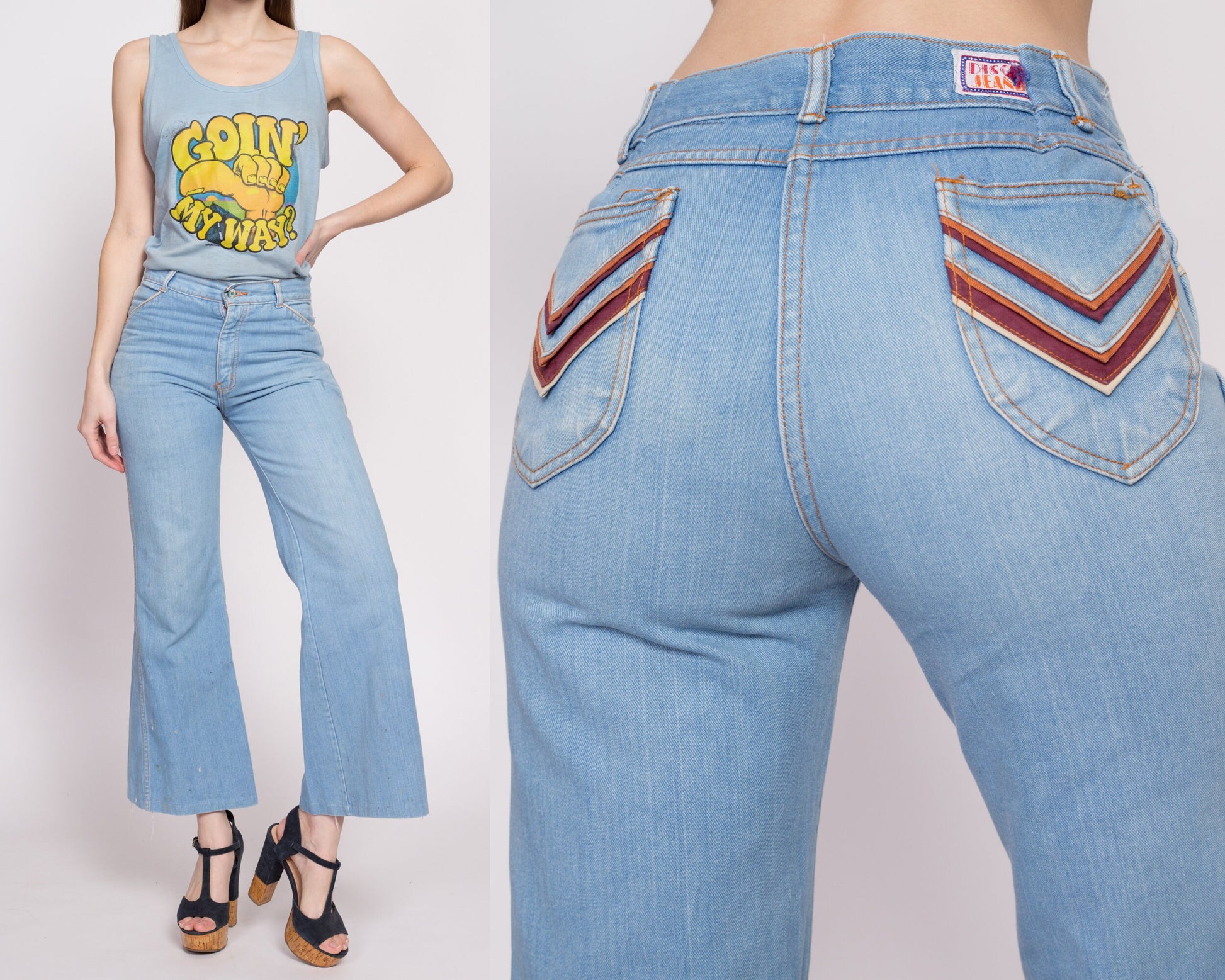 70s Striped Trim Bell Bottom Disco Jeans - Small to Petite Medium – Flying  Apple Vintage