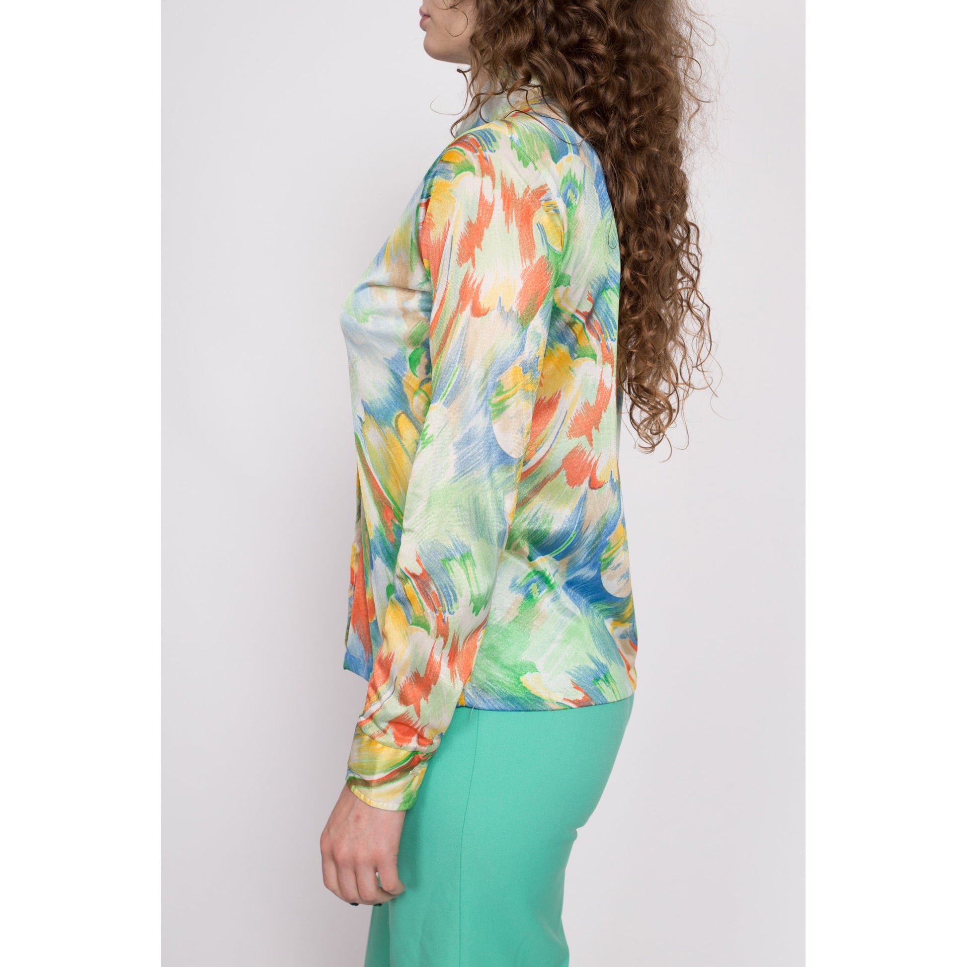 70s Watercolor Print Collared Shirt - Medium | Vintage Abstract Paint Brush Print Button Up Long Sleeve Disco Top