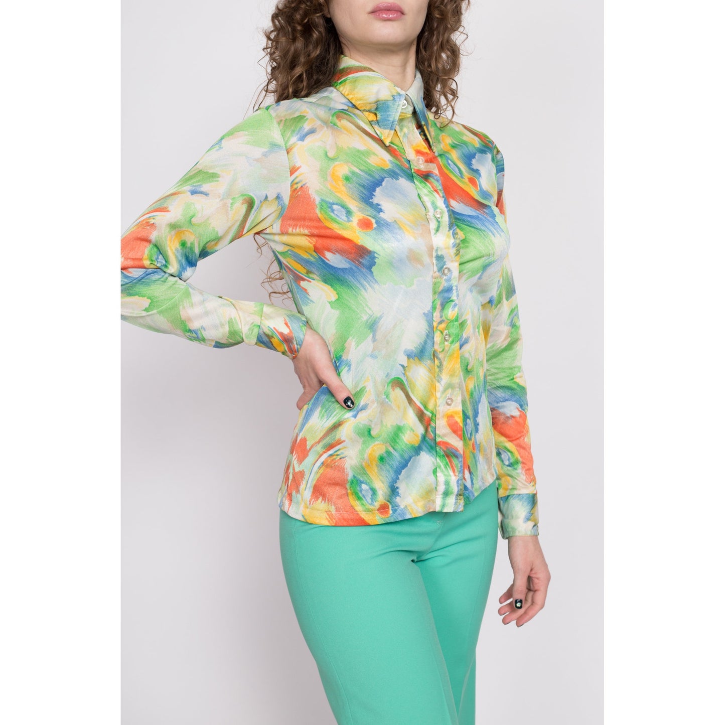 70s Watercolor Print Collared Shirt - Medium | Vintage Abstract Paint Brush Print Button Up Long Sleeve Disco Top