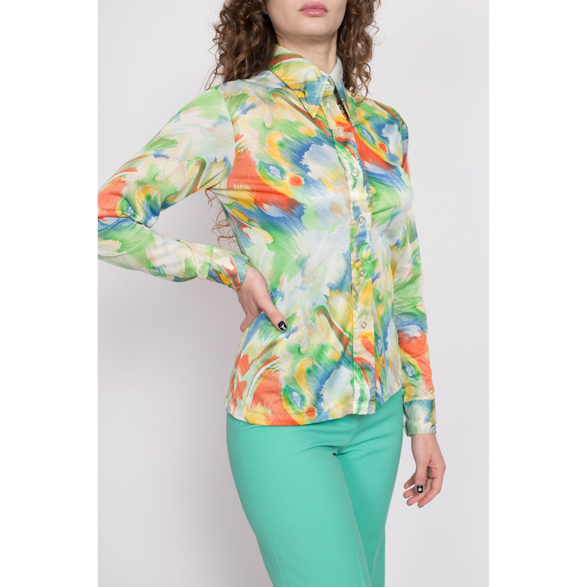 70s Watercolor Print Collared Shirt - Medium | Vintage Abstract Paint Brush Print Button Up Long Sleeve Disco Top