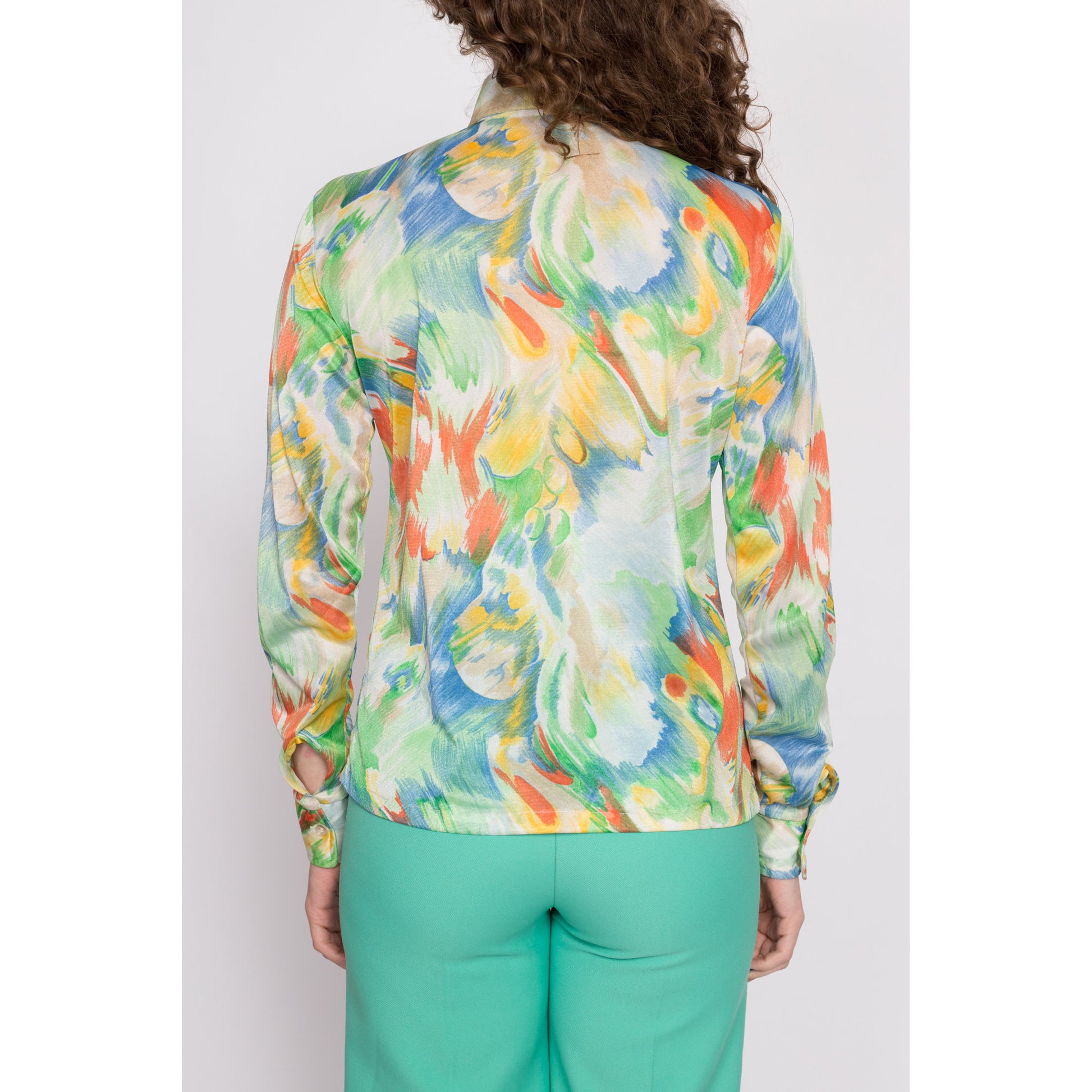 70s Watercolor Print Collared Shirt - Medium | Vintage Abstract Paint Brush Print Button Up Long Sleeve Disco Top