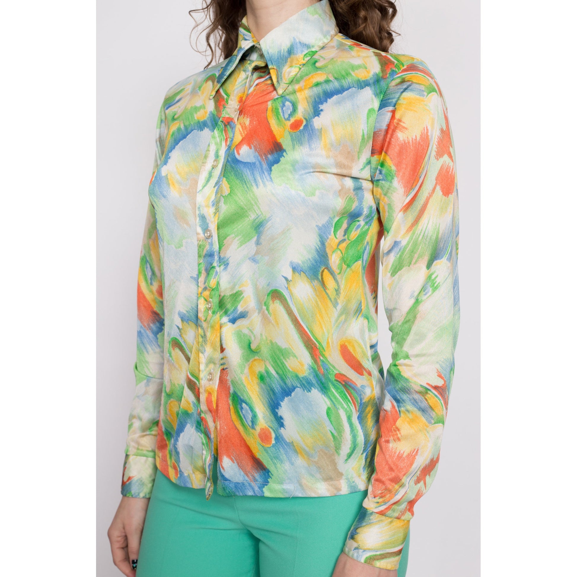 70s Watercolor Print Collared Shirt - Medium | Vintage Abstract Paint Brush Print Button Up Long Sleeve Disco Top