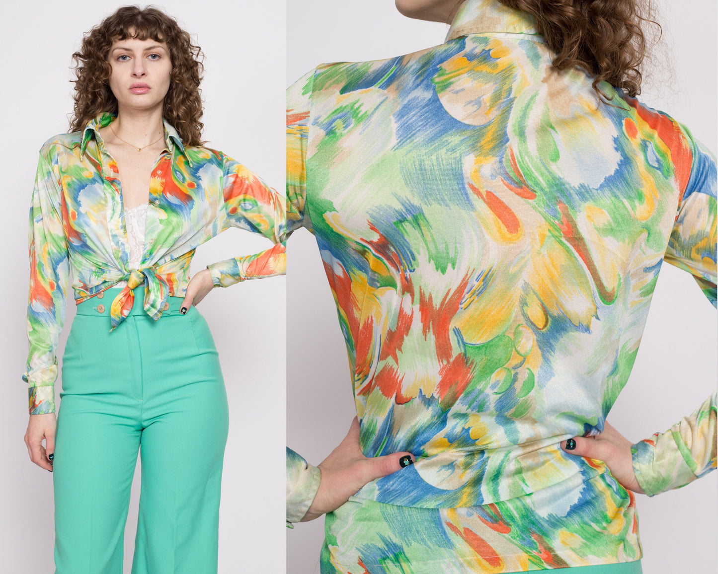 70s Watercolor Print Collared Shirt - Medium | Vintage Abstract Paint Brush Print Button Up Long Sleeve Disco Top