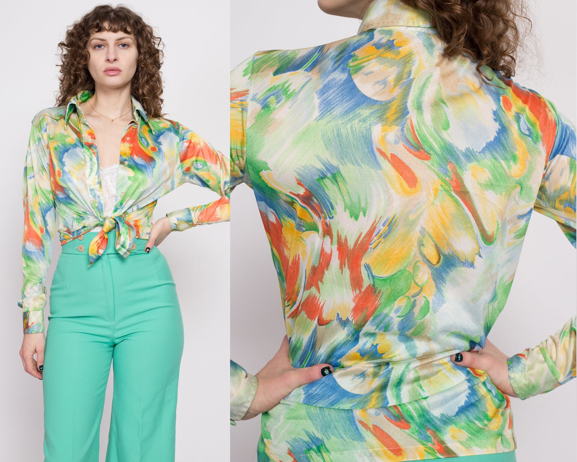 70s Watercolor Print Collared Shirt - Medium | Vintage Abstract Paint Brush Print Button Up Long Sleeve Disco Top