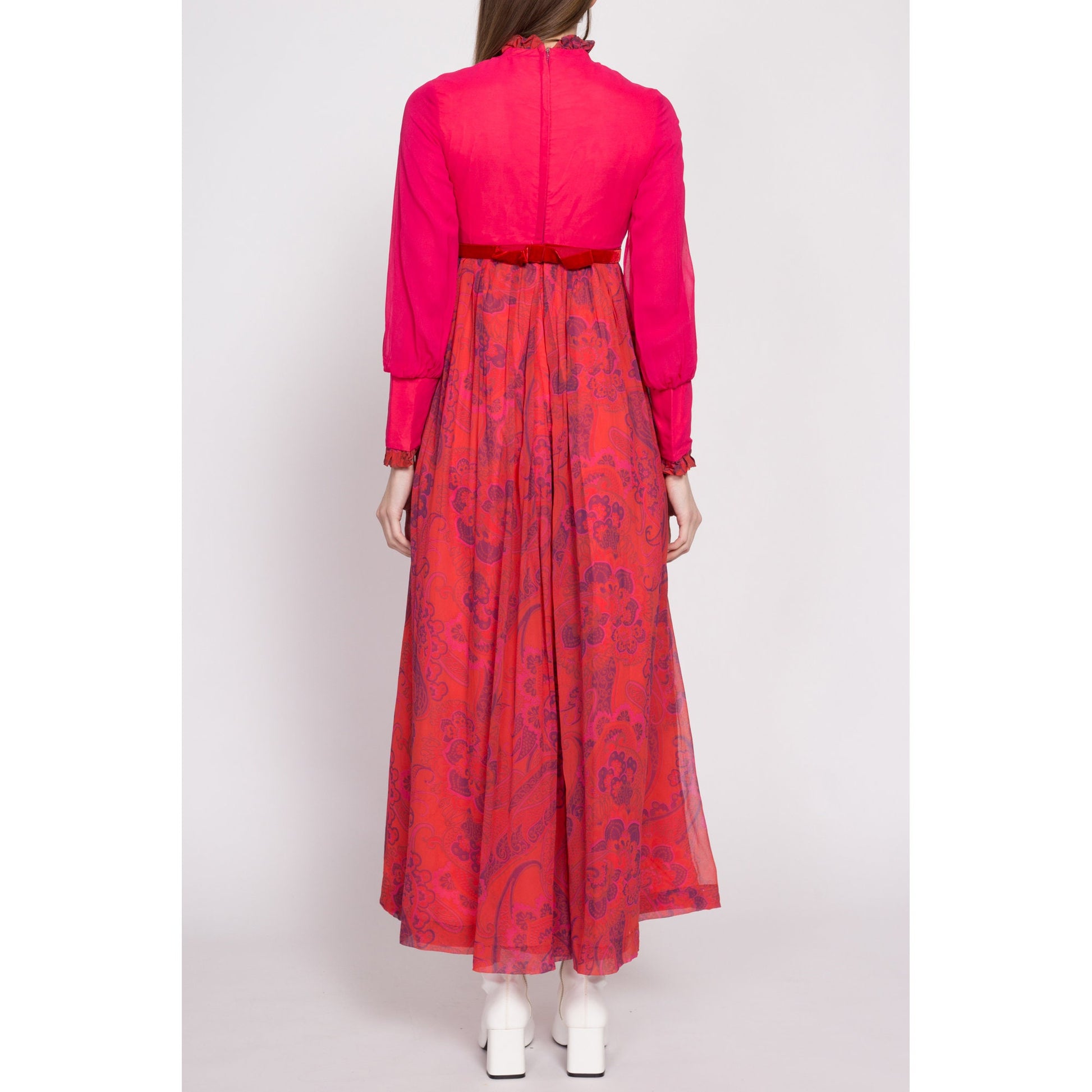 60s Hot Pink Floral & Paisley Palazzo Jumpsuit - Extra Small | Boho Vintage Empire Waist Wide Leg Chiffon Hippie Pantsuit
