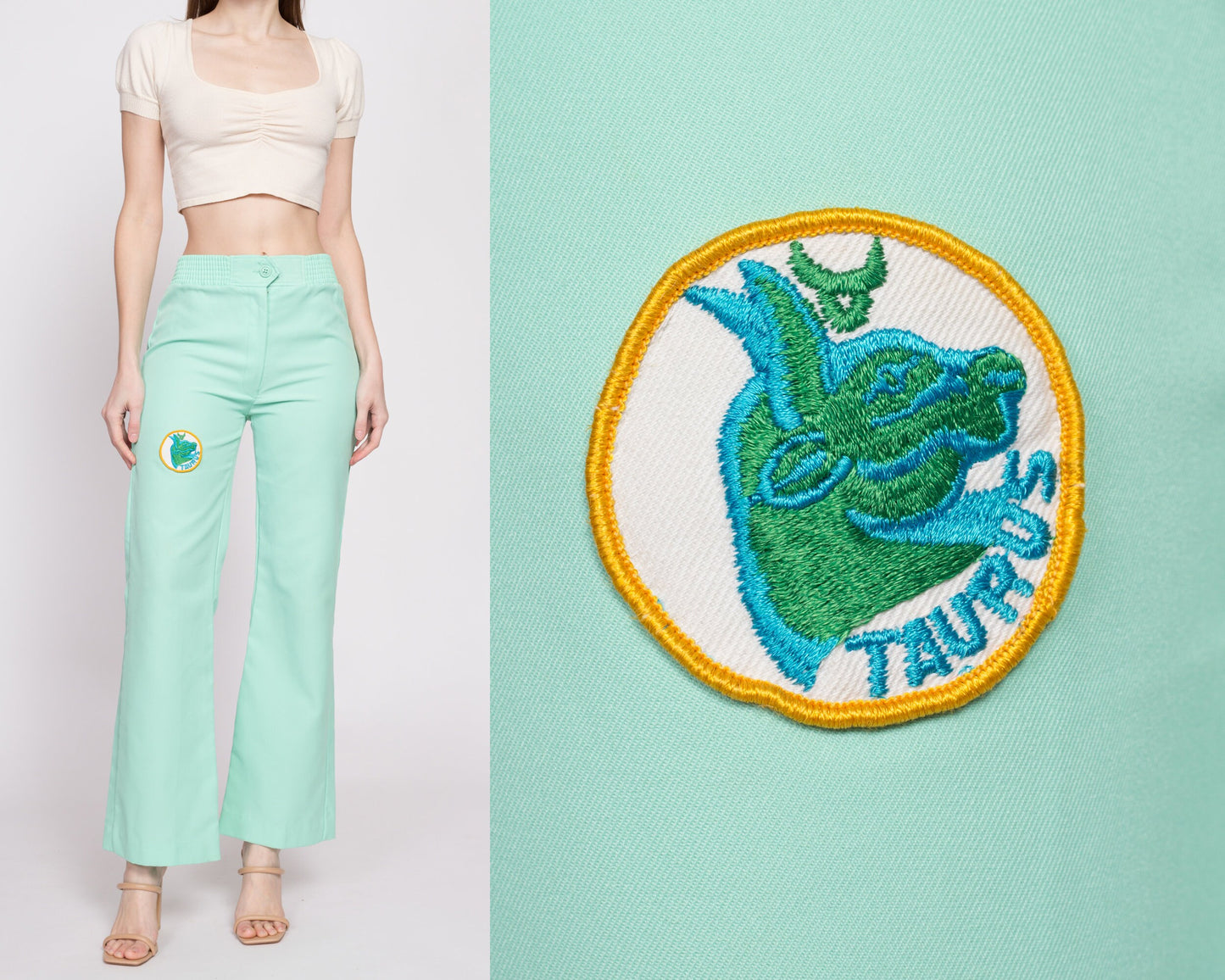 70s Taurus Patch High Waisted Pants - Small to Petite Medium | Vintage Mint Green Boho Flared Polyester Trousers