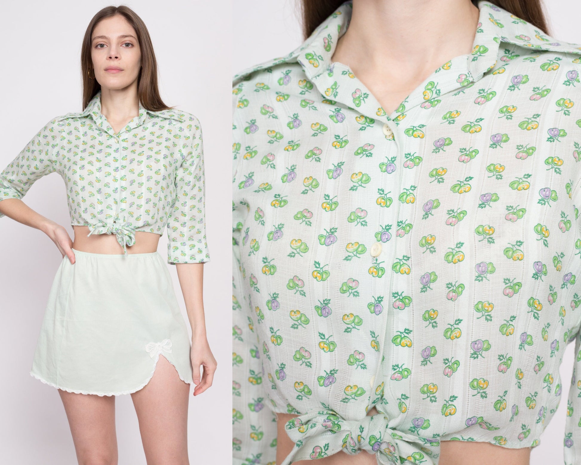 70s Cherry Print Mint Green Crop Top - Small | Vintage Button Up Collared 3/4 Sleeve Cropped Disco Blouse