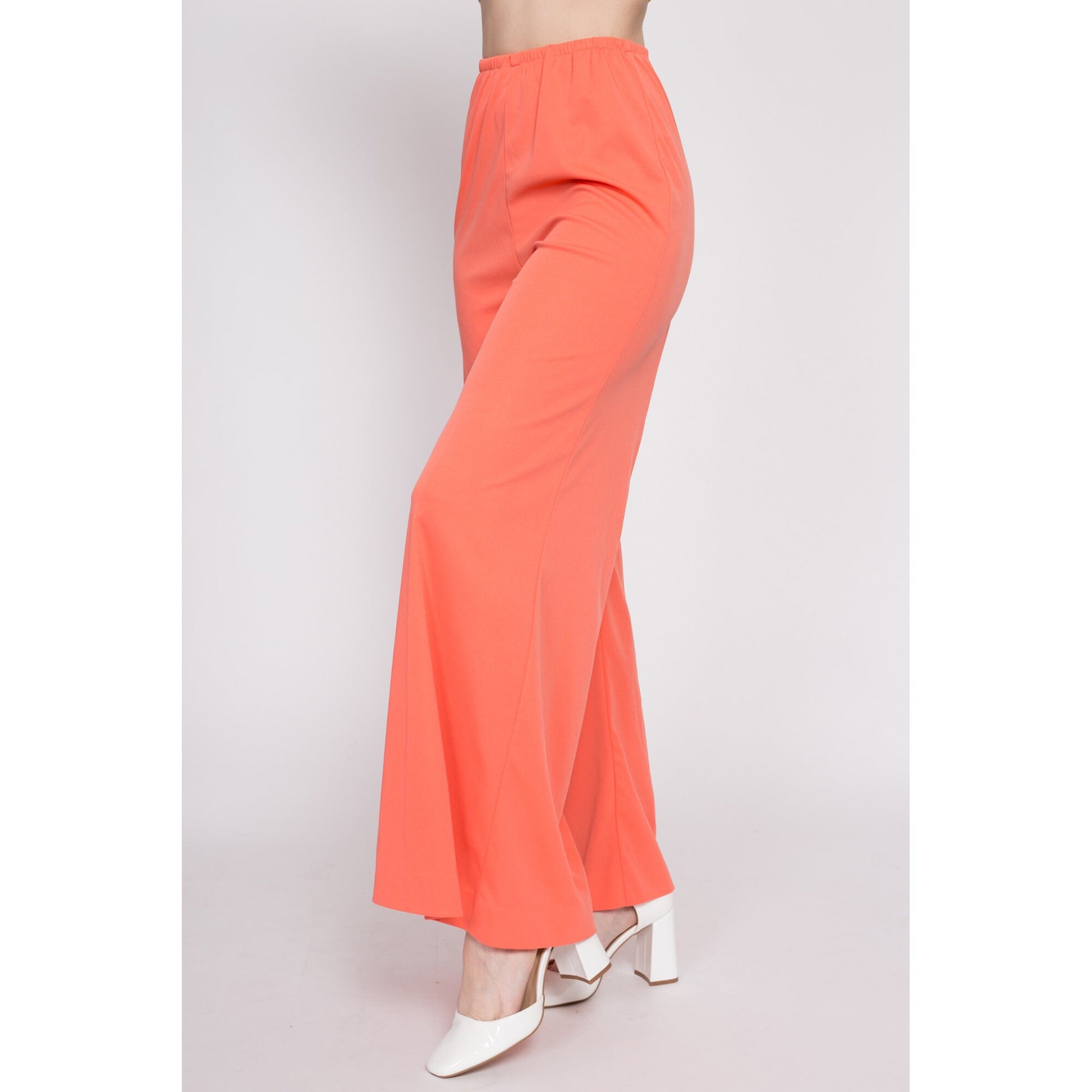 70s Salmon Palazzo Pants - Medium | Vintage High Waisted Retro Flared Elastic Disco Loungewear Bell Bottom Trousers