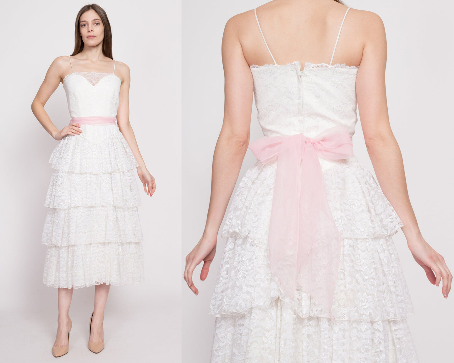 80s Does 50s White Lace Cupcake Dress - Extra Small | Vintage Tiered Pink Sash Tea Length Wedding Bridal Gown