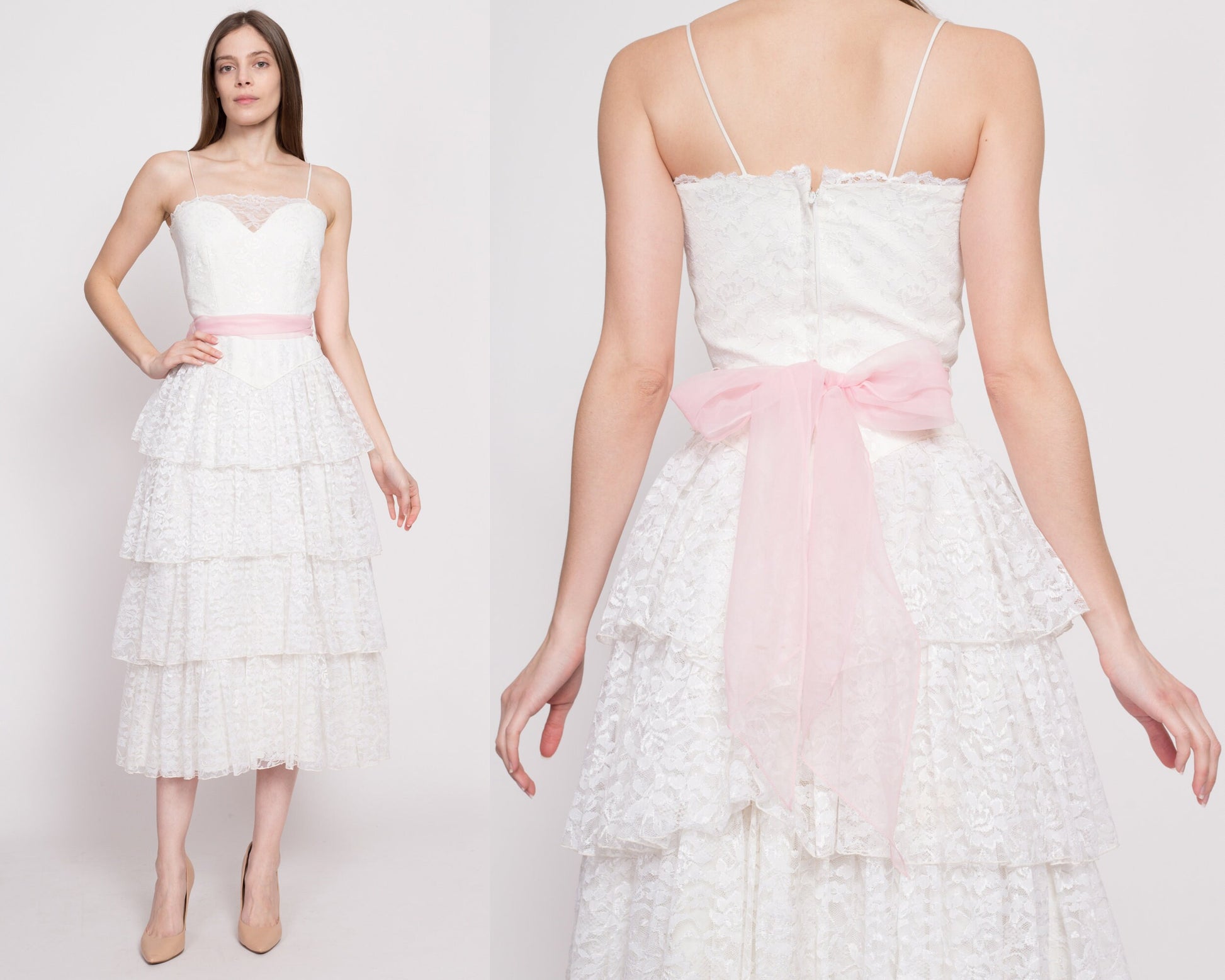 80s Does 50s White Lace Cupcake Dress - Extra Small | Vintage Tiered Pink Sash Tea Length Wedding Bridal Gown