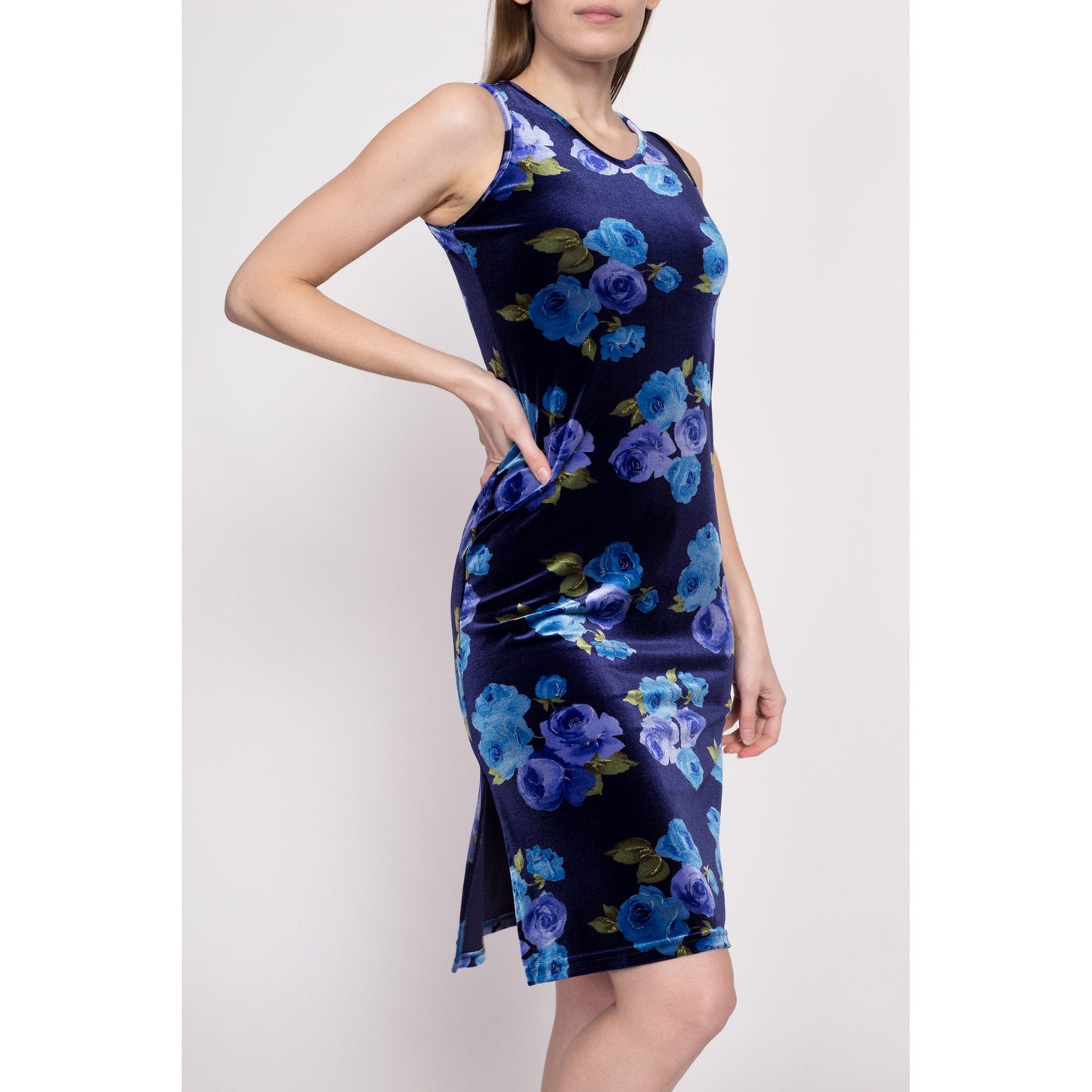 90s Y2K Blue Floral Velvet Dress - Extra Small | Vintage Sleeveless Stretchy Mini Shift Dress