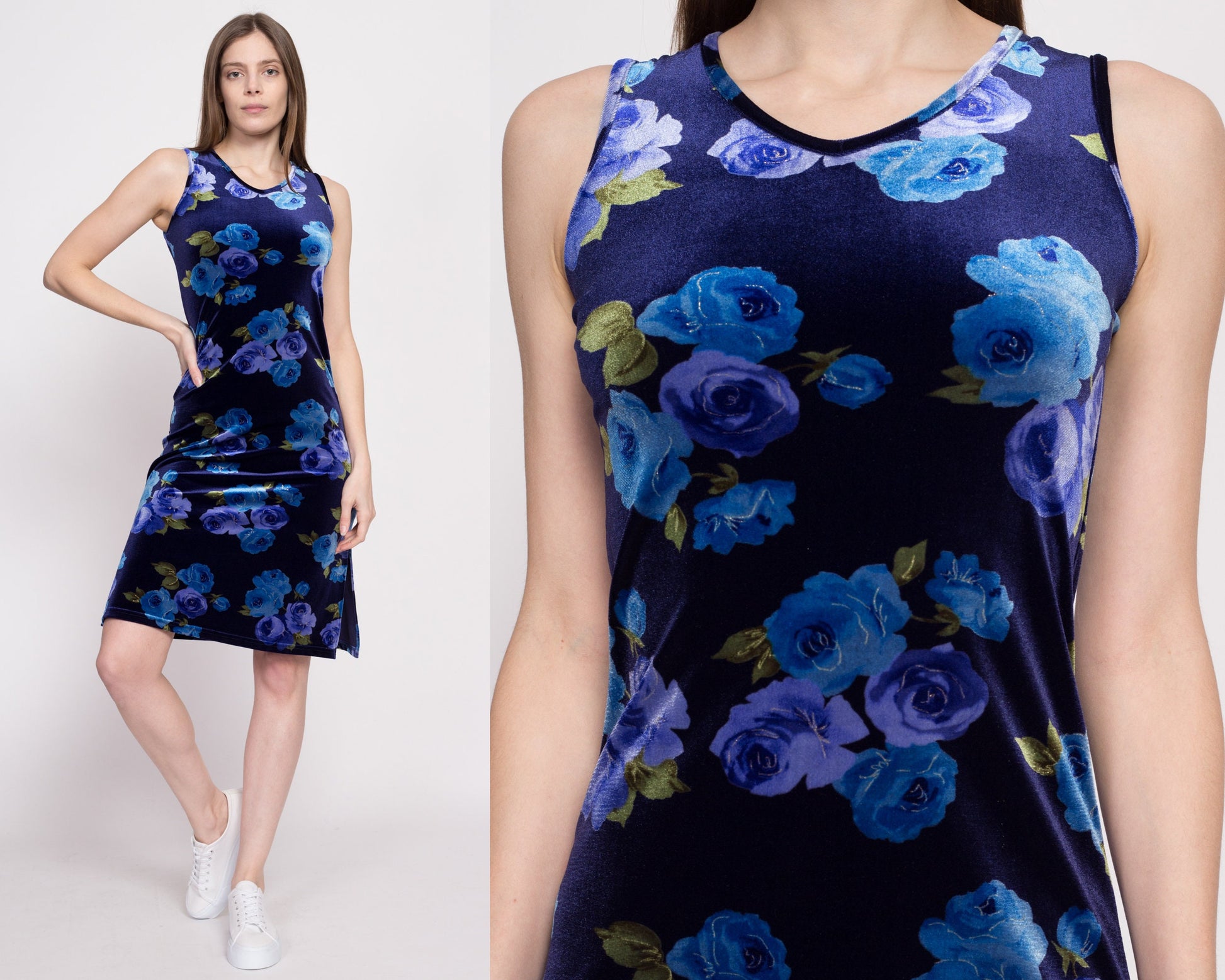 90s Y2K Blue Floral Velvet Dress - Extra Small | Vintage Sleeveless Stretchy Mini Shift Dress