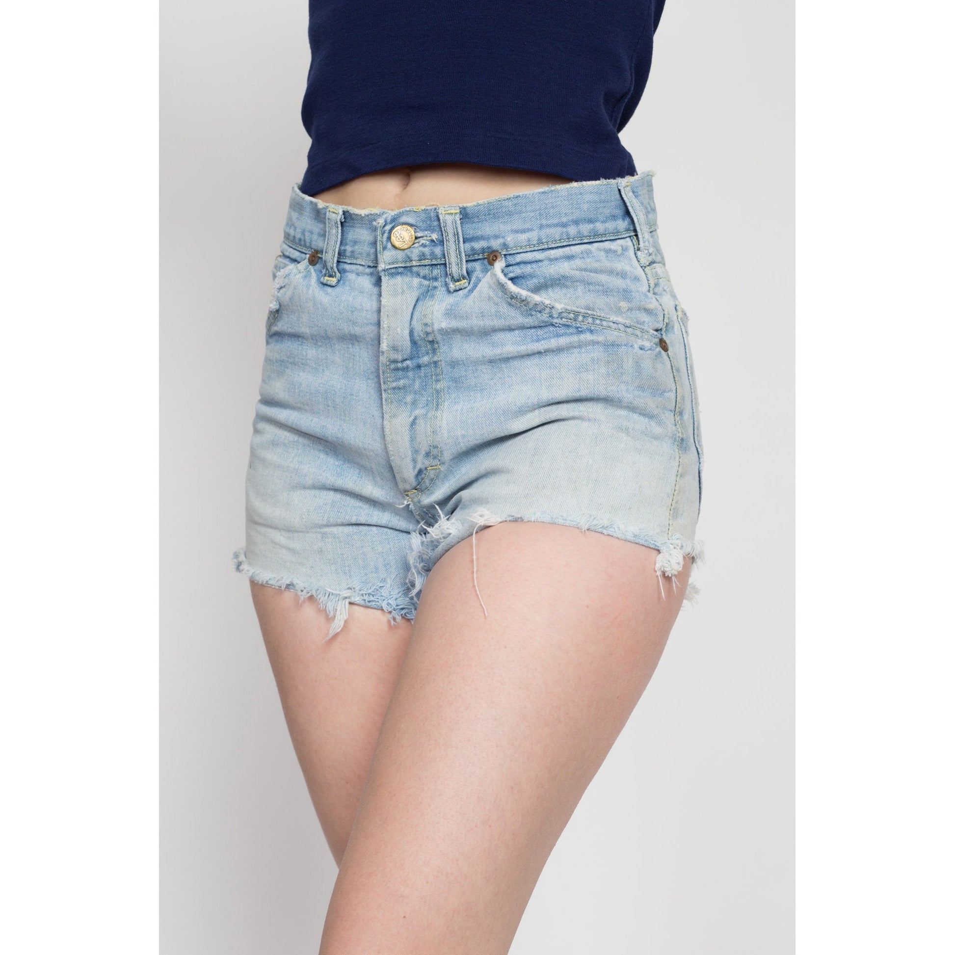60s 70s Lee Riders Cut Off Jean Shorts - 29" Waist | Vintage Distressed Light Wash Denim High Waisted Cutoffs