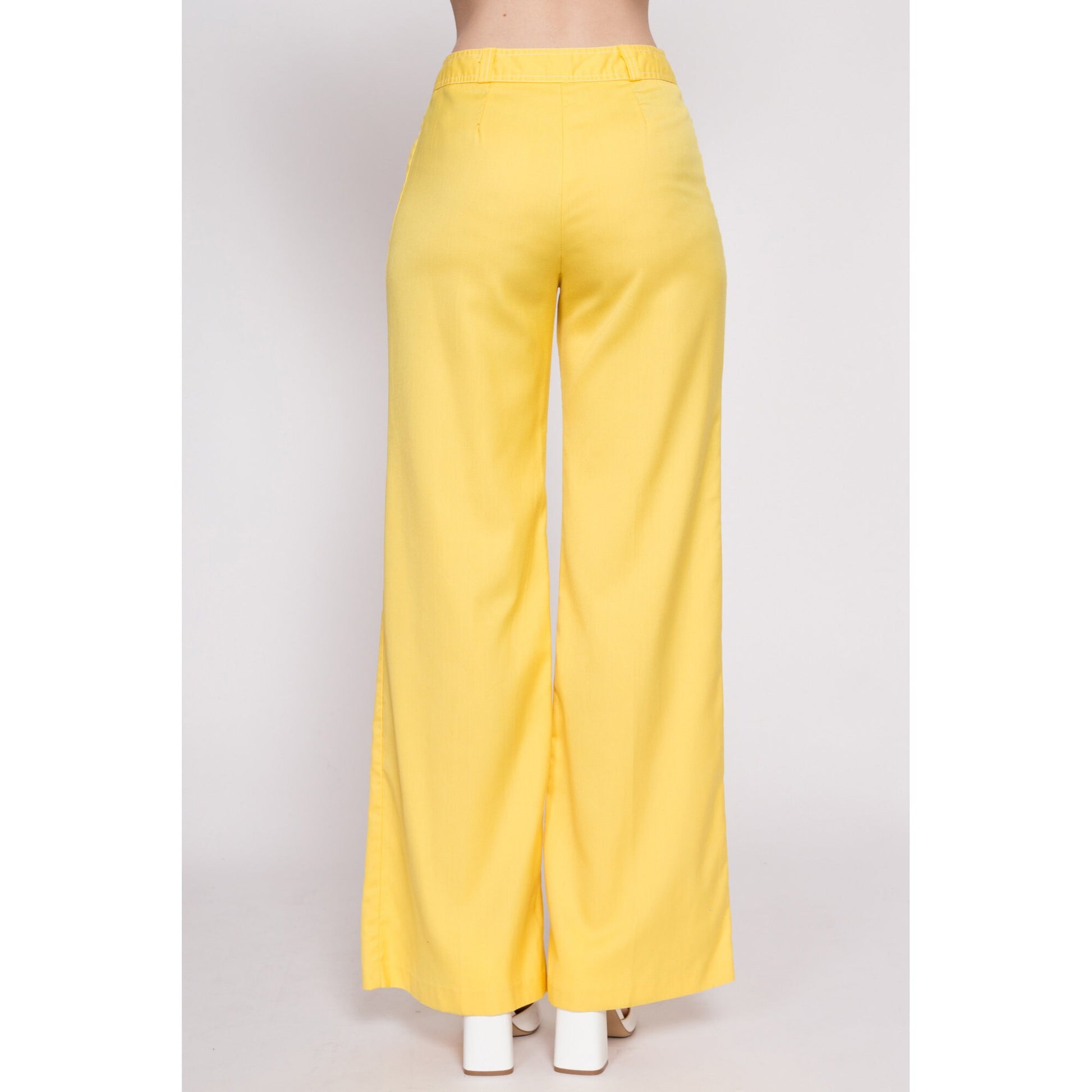 70s Yellow Flared Pants - Small, 26.5" | Vintage High Waisted Retro Disco Trousers