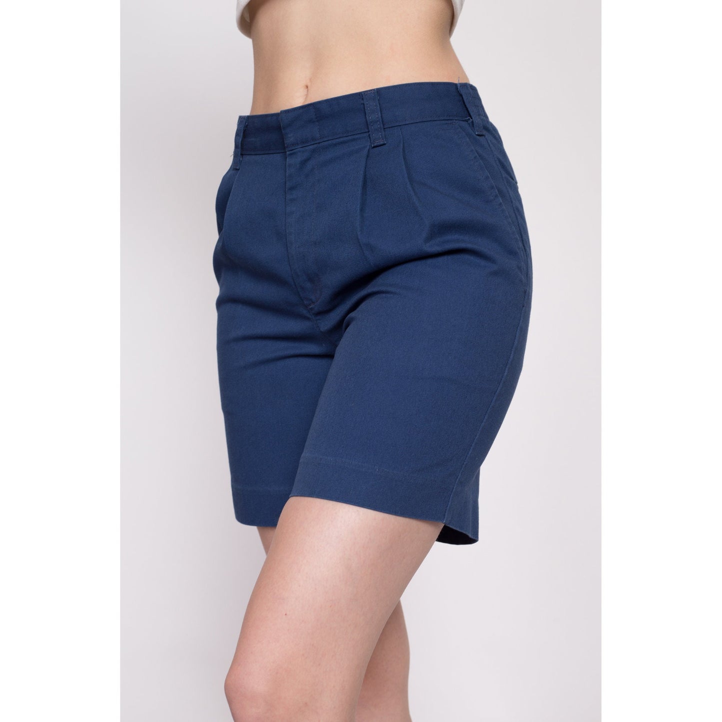 80s Navy Blue Pleated Shorts - Petite Small, 26"-27" | Vintage High Waisted Elastic Waist Uniform Shorts