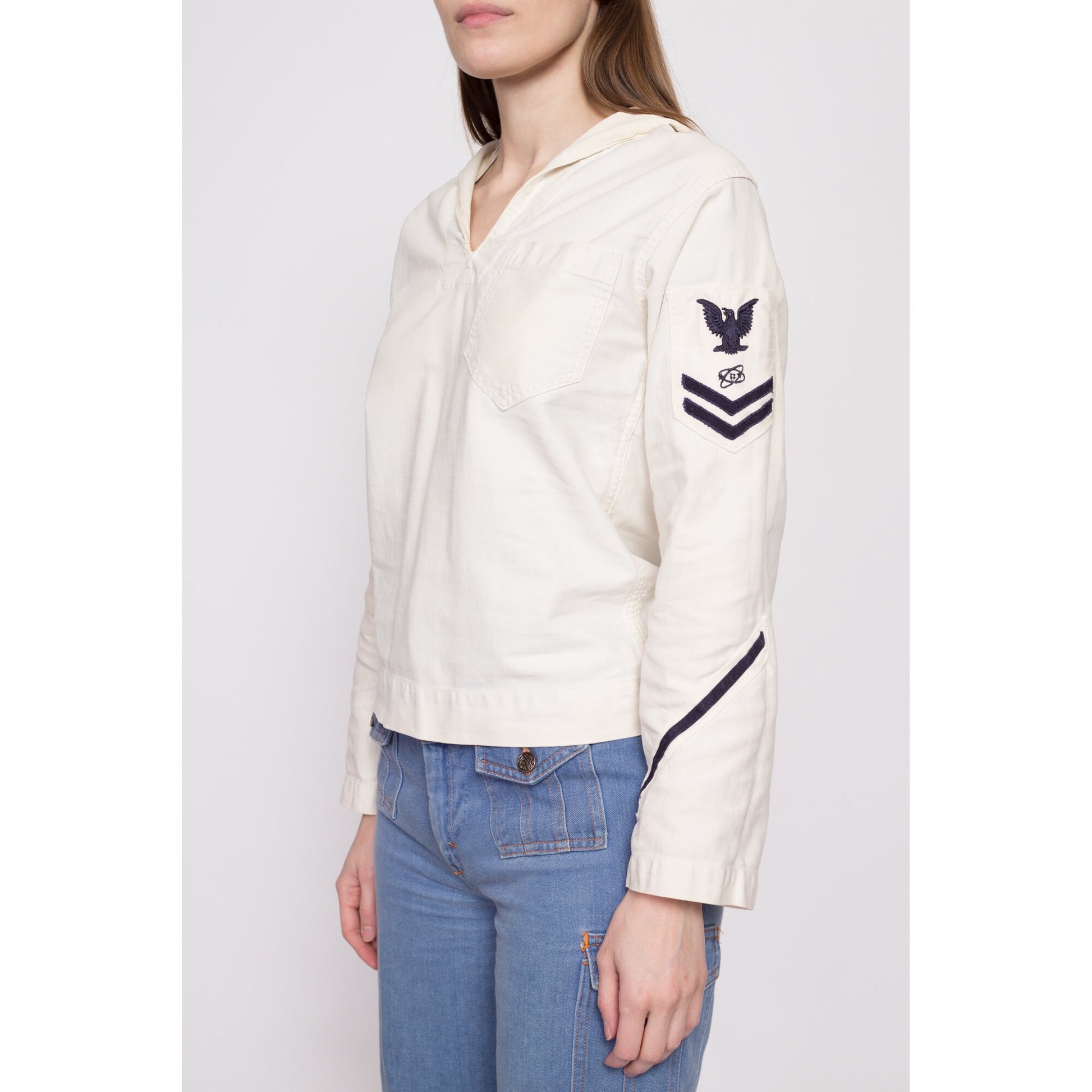 1940s US Navy Middy Sailor Shirt - Extra Small | Vintage Rare WWII Era White Cotton Naval Uniform Military Top
