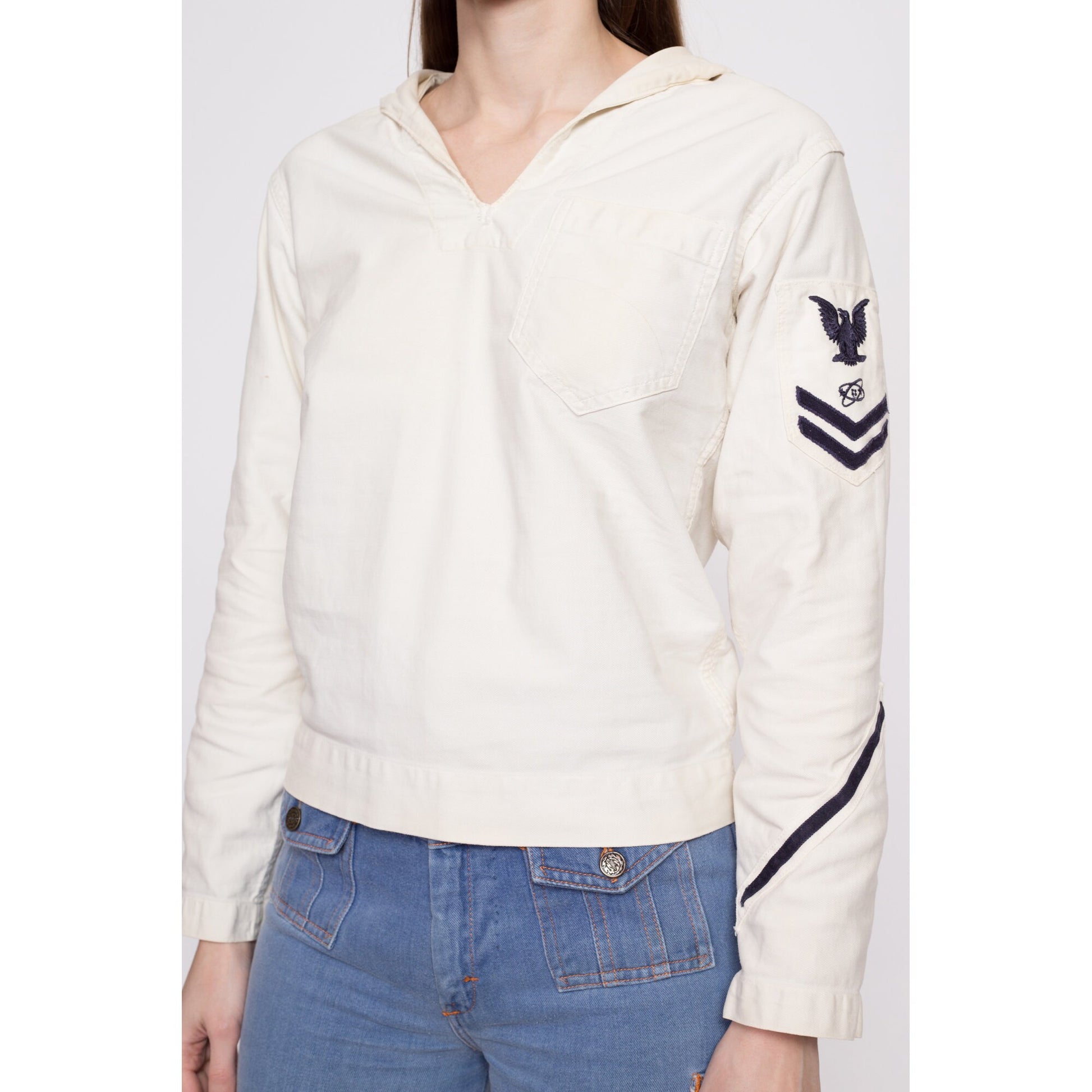 1940s US Navy Middy Sailor Shirt - Extra Small | Vintage Rare WWII Era White Cotton Naval Uniform Military Top