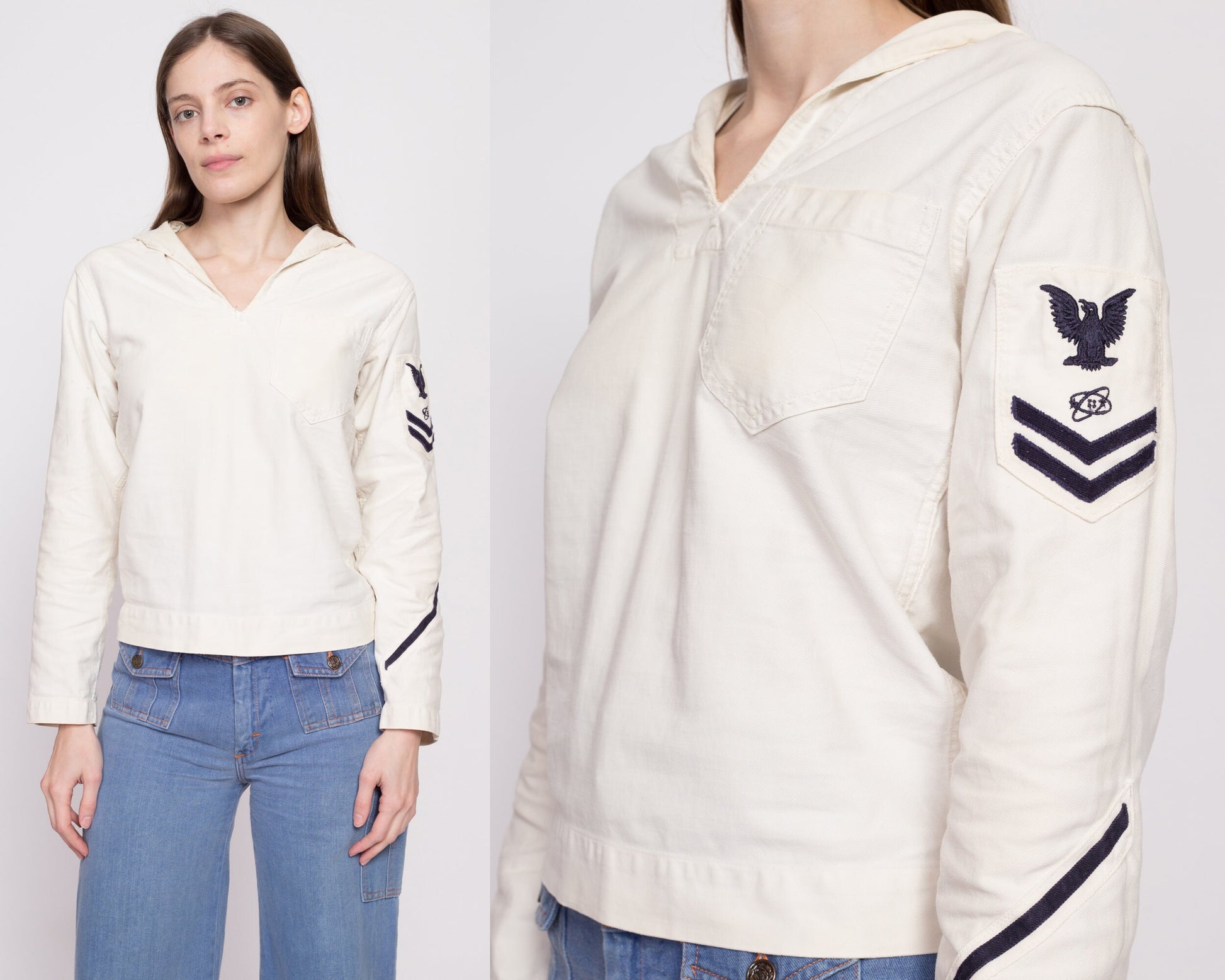1940s US Navy Middy Sailor Shirt - Extra Small | Vintage Rare WWII Era White Cotton Naval Uniform Military Top